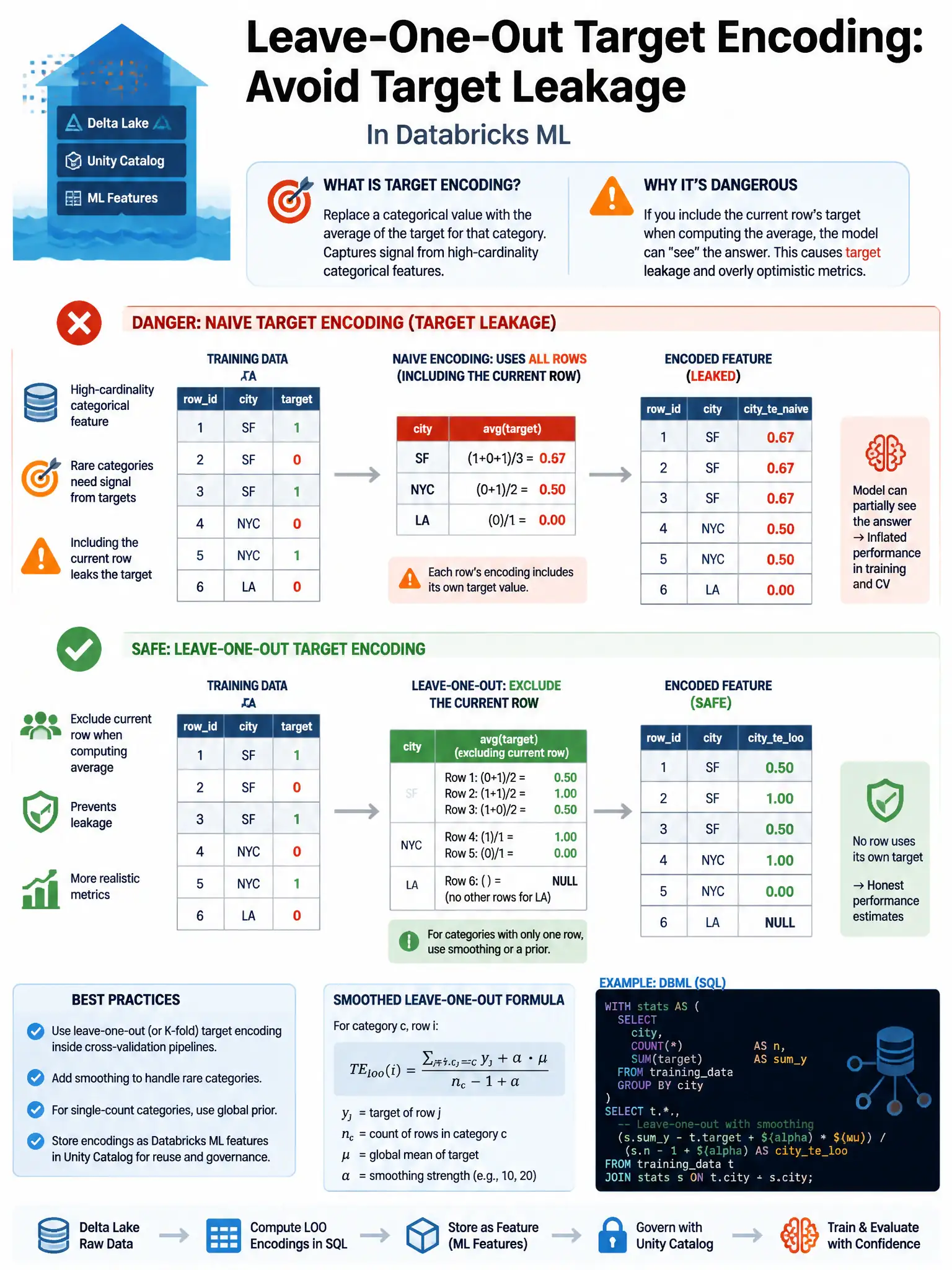 Educational infographic 1024x768 for Databricks ML: leave one out target enc danger. Clean lakehouse blue/orange diagram style, DBML q295.