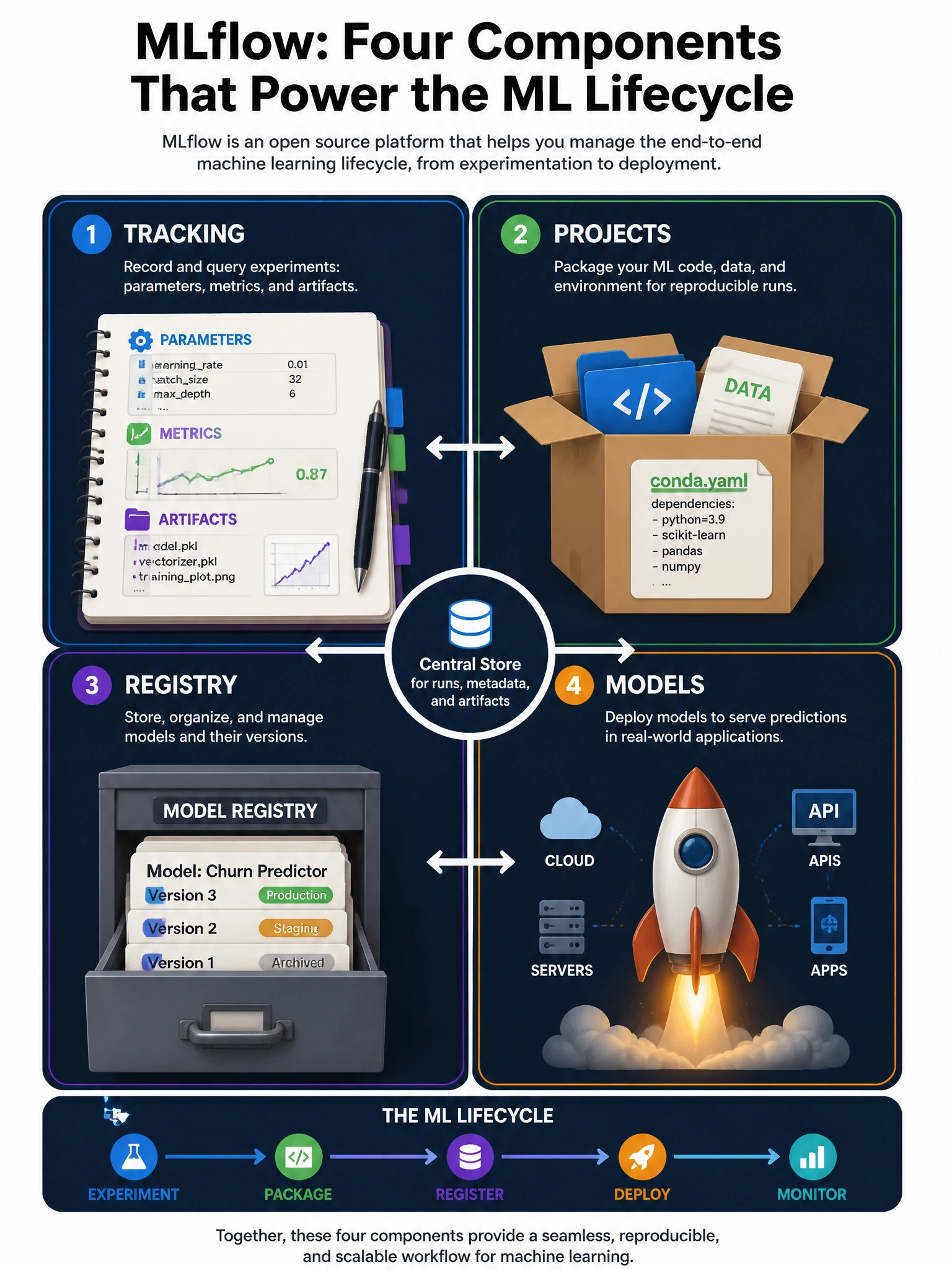 Educational infographic 1024x768 showing MLflow four components as quadrants: Tracking (lab notebook with params/metrics/artifacts icons), Projects (package box with conda.yaml), Registry (filing cabinet with model versions), Models (deploy rocket). Clean dark blue background, white text, interconnecting arrows between components.