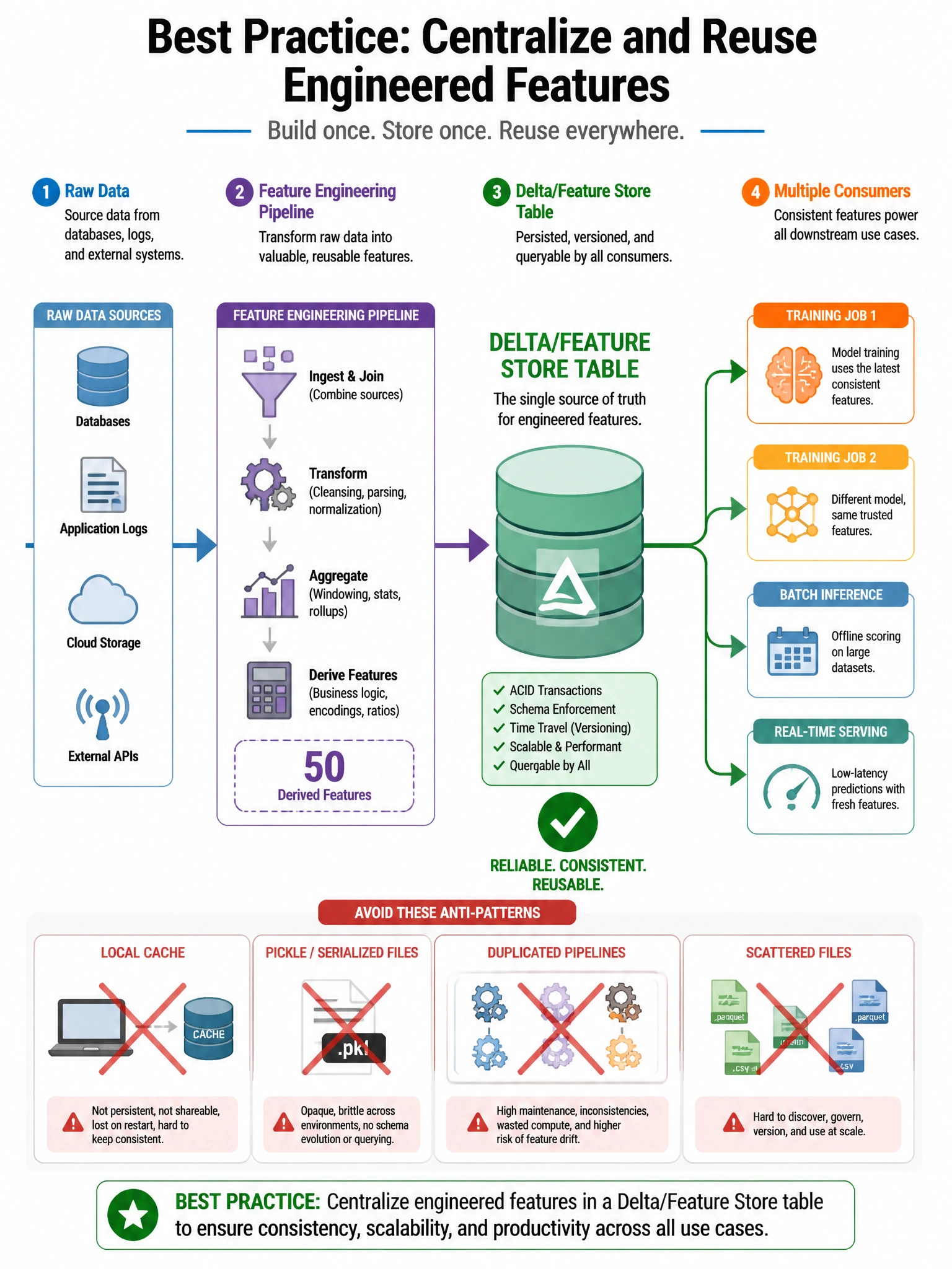 Workflow diagram infographic 1024x768 showing best practice: Raw Data → Feature Engineering Pipeline (50 derived features) → Delta/Feature Store Table (persistent cylinder) → multiple consumers: Training Job 1, Training Job 2, Batch Inference, Real-time Serving. X marks over cache/pickle alternatives. Green checkmark on Delta table path.