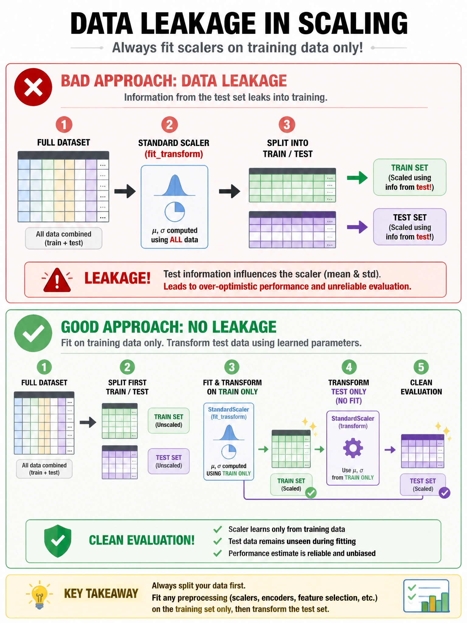 Infographic 1024x768 showing two approaches: Bad approach (red X): Full Dataset → StandardScaler.fittransform → then split → Leakage! Test info leaked into training. Good approach (green check): Full Dataset → split first → fittransform on Train only → transform only on Test → Clean evaluation. Arrow diagram style, bold warning colors.