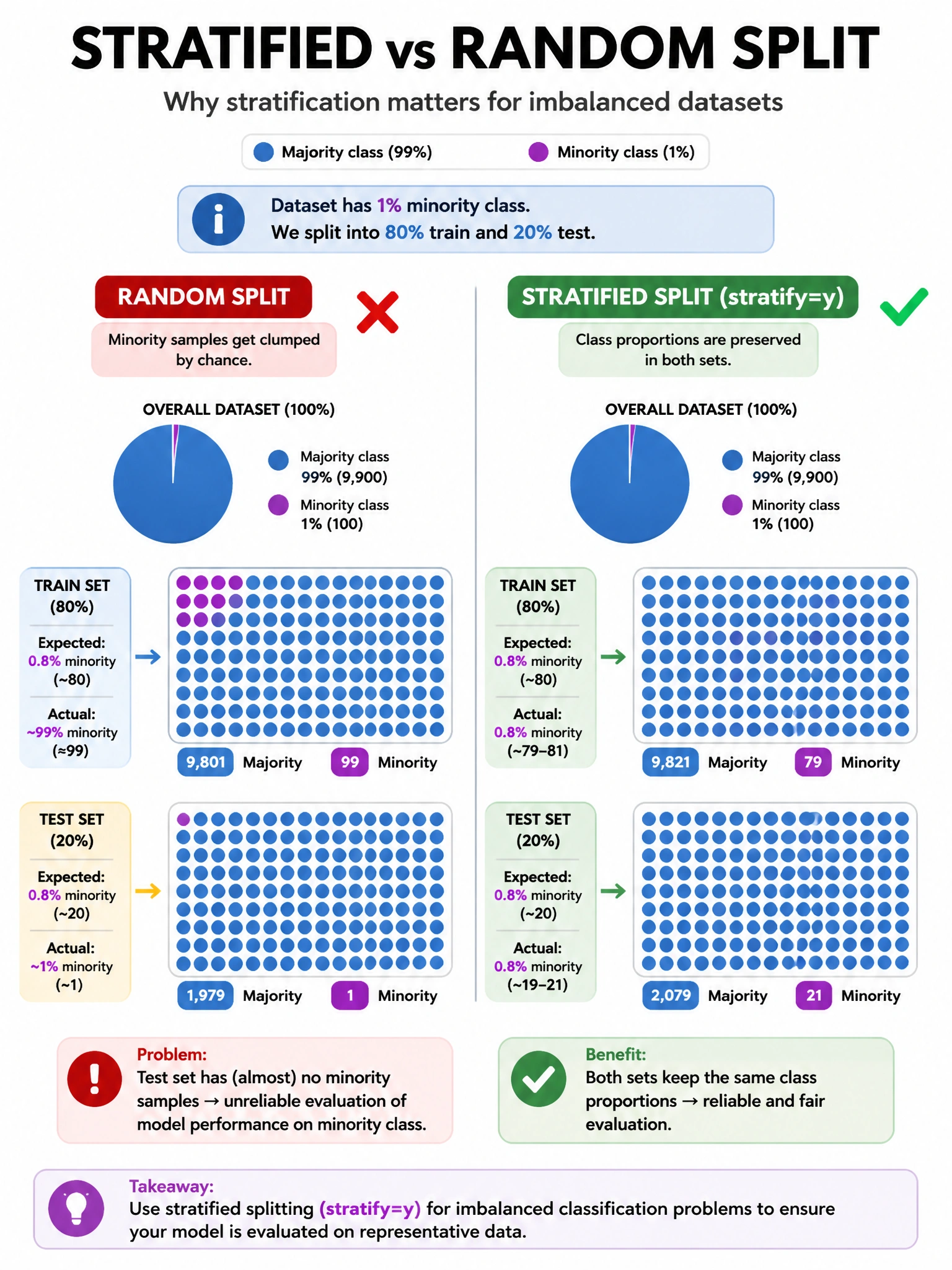 Infographic 1024x768 showing stratified vs random split: two side-by-side diagrams. Left 'Random split' showing 1% minority class clumped mostly in train, test set nearly empty of minority class (bad). Right 'Stratified split (stratify=y)' showing proportional minority class in both train and test sets (good). Class proportions shown as pie charts above each split. Green checkmark vs red X.