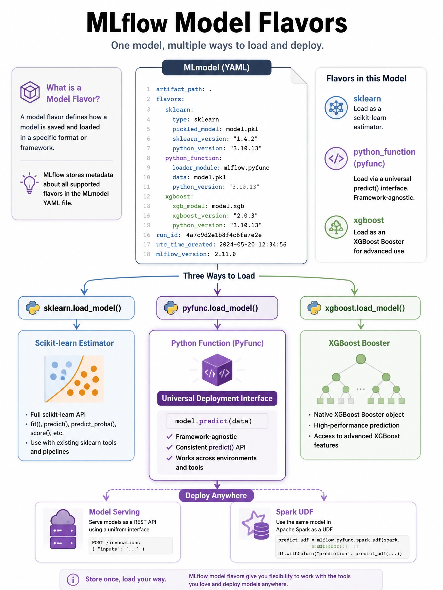 Infographic 1024x768 showing MLflow model flavors: MLmodel YAML file in center showing flavors section with sklearn, pythonfunction, and xgboost entries. Three loading paths branching out: sklearn.loadmodel → sklearn estimator, xgboost.loadmodel → XGBoost Booster, pyfunc.loadmodel → universal predict() interface. Pyfunc highlighted as 'Universal Deployment Interface' connecting to Model Serving and Spark UDF icons.