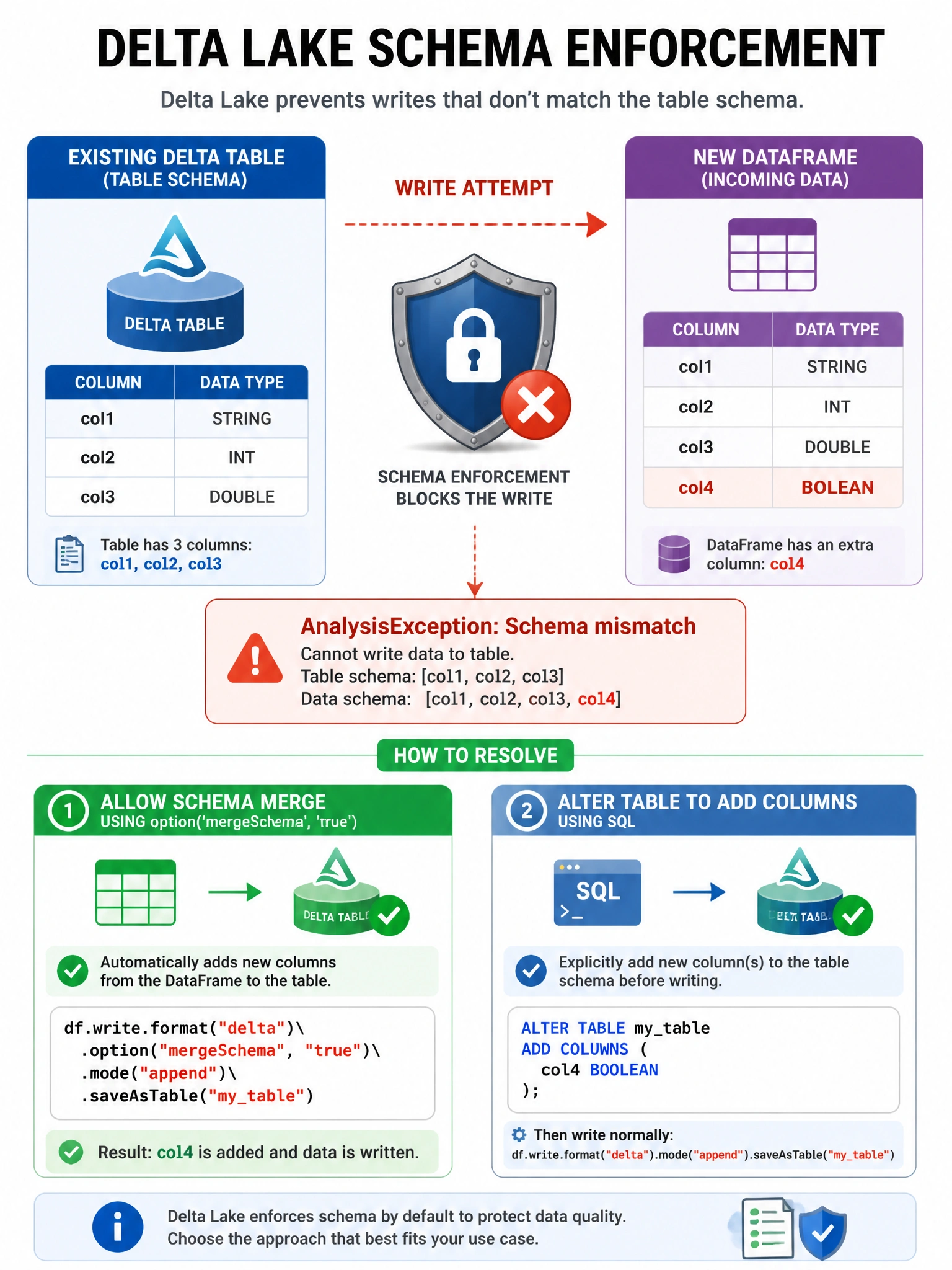 Infographic 1024x768 showing Delta Lake schema enforcement: existing table schema (col1, col2, col3 columns listed). New DataFrame with extra column (col1, col2, col3, col4) trying to write. Shield icon on Delta table blocking write with 'AnalysisException: Schema mismatch' error message. Bottom showing two solutions: option('mergeSchema', 'true') with green checkmark, and ALTER TABLE ADD COLUMNS SQL command.