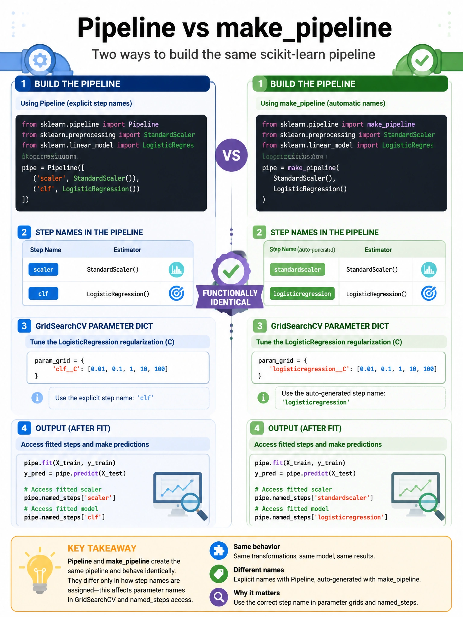 Infographic 1024x768 showing Pipeline vs makepipeline comparison: two code blocks side by side with outputs. Left: Pipeline([('scaler', StandardScaler()), ('clf', LR())]) → step names: 'scaler', 'clf'. Right: makepipeline(StandardScaler(), LR()) → auto-names: 'standardscaler', 'logisticregression'. GridSearchCV parameter dict shown for each: 'clfC' vs 'logisticregressionC'. 'Functionally identical' badge in middle.