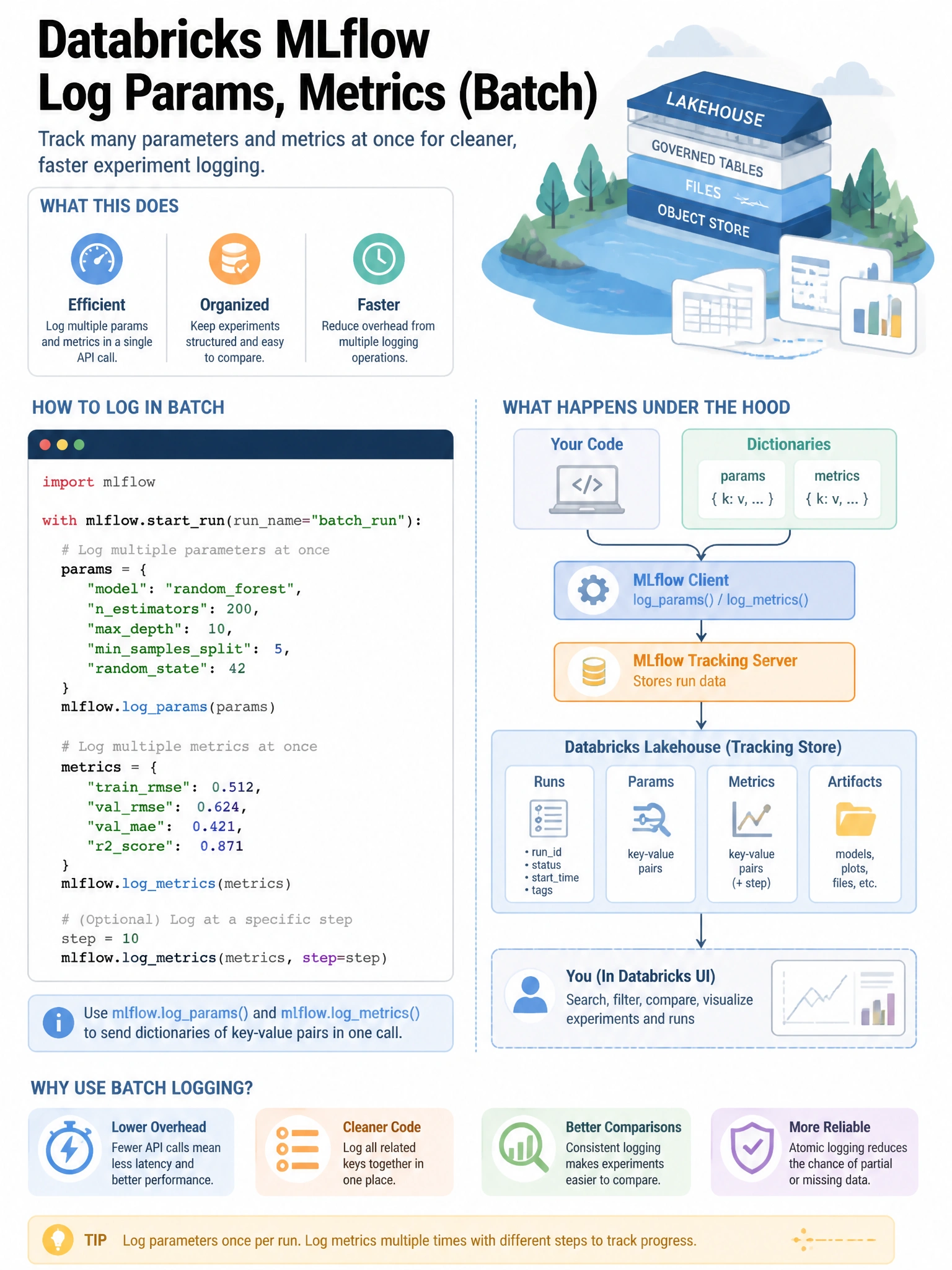 Educational infographic 1024x768 for Databricks ML: mlflow log params metrics batch. Clean lakehouse blue/orange diagram style, DBML q101.