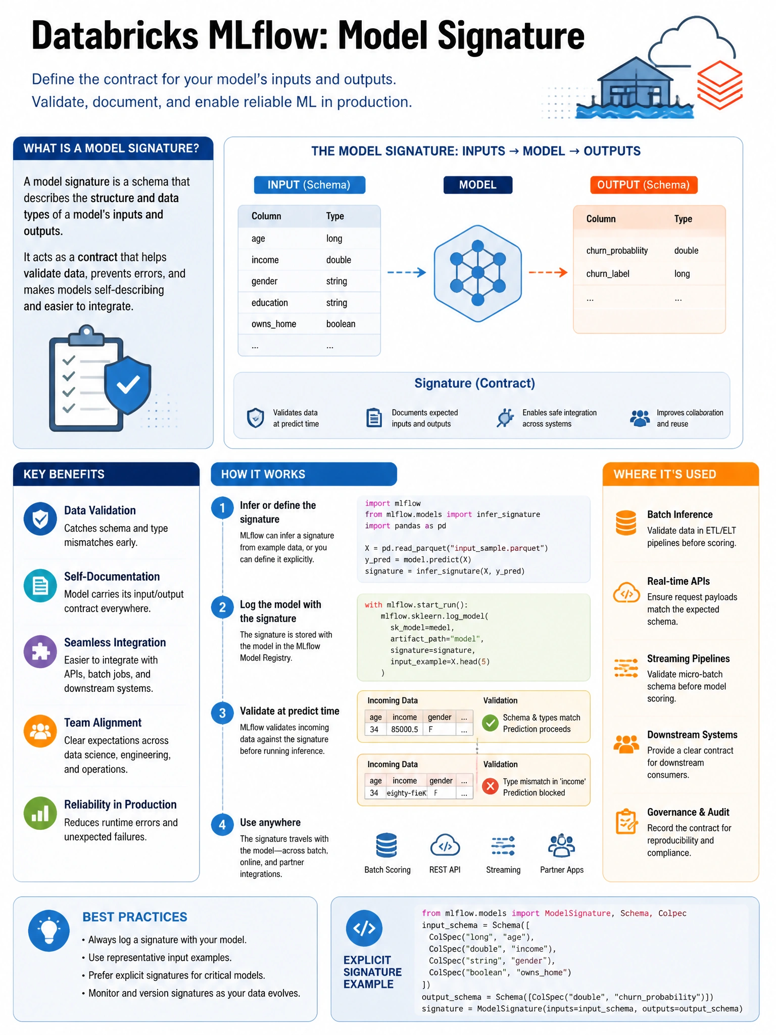 Educational infographic 1024x768 for Databricks ML: mlflow model signature. Clean lakehouse blue/orange diagram style, DBML q106.