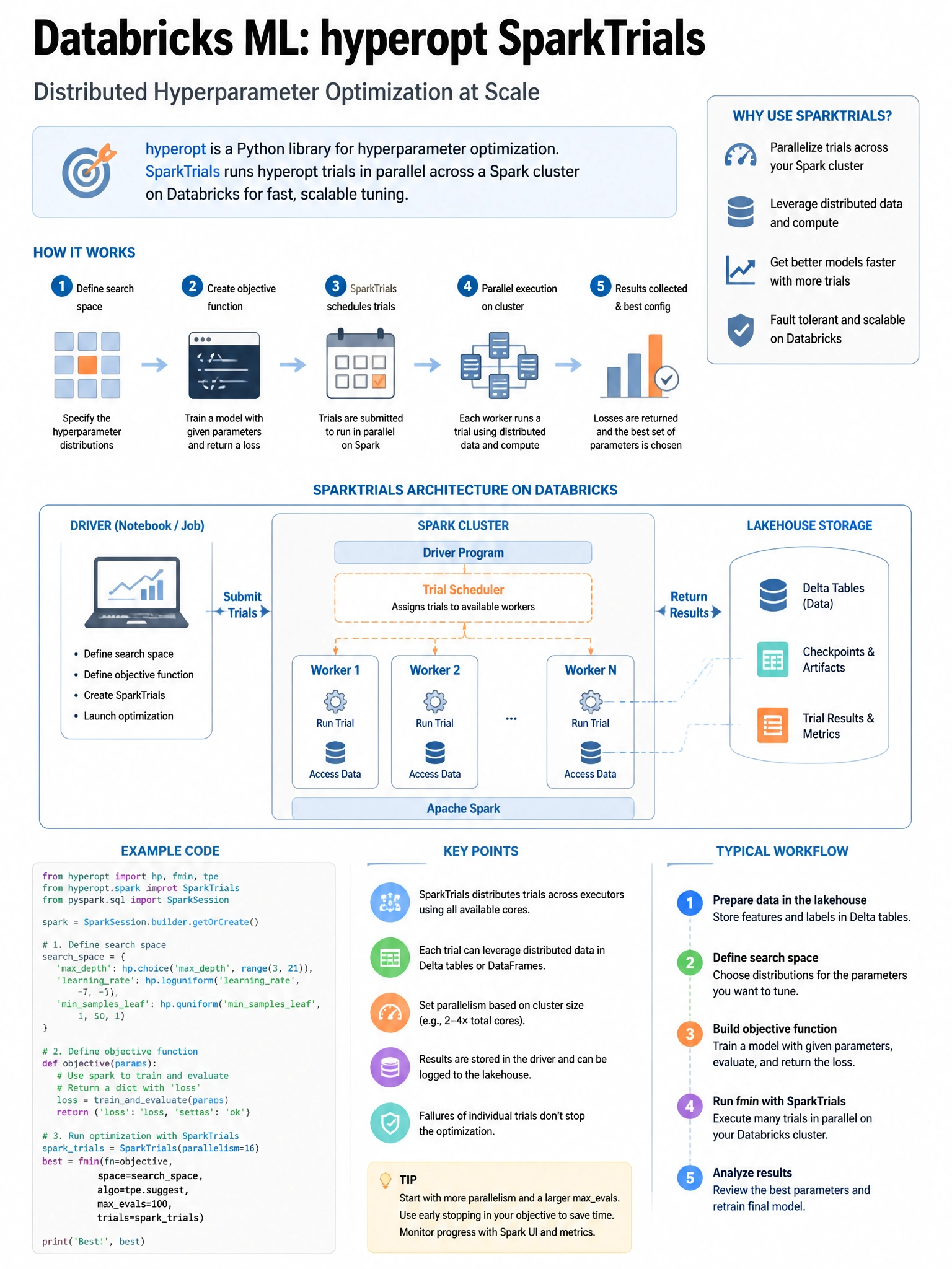 Educational infographic 1024x768 for Databricks ML: hyperopt SparkTrials. Clean lakehouse blue/orange diagram style, DBML q108.