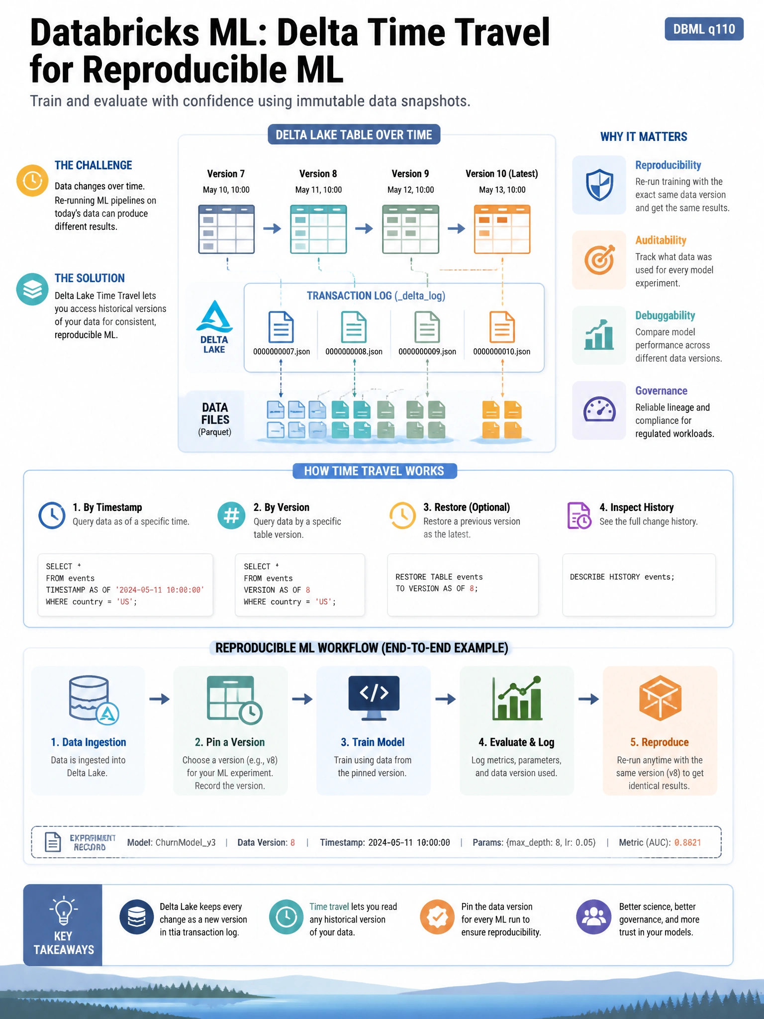 Educational infographic 1024x768 for Databricks ML: Delta time travel reproducibility. Clean lakehouse blue/orange diagram style, DBML q110.