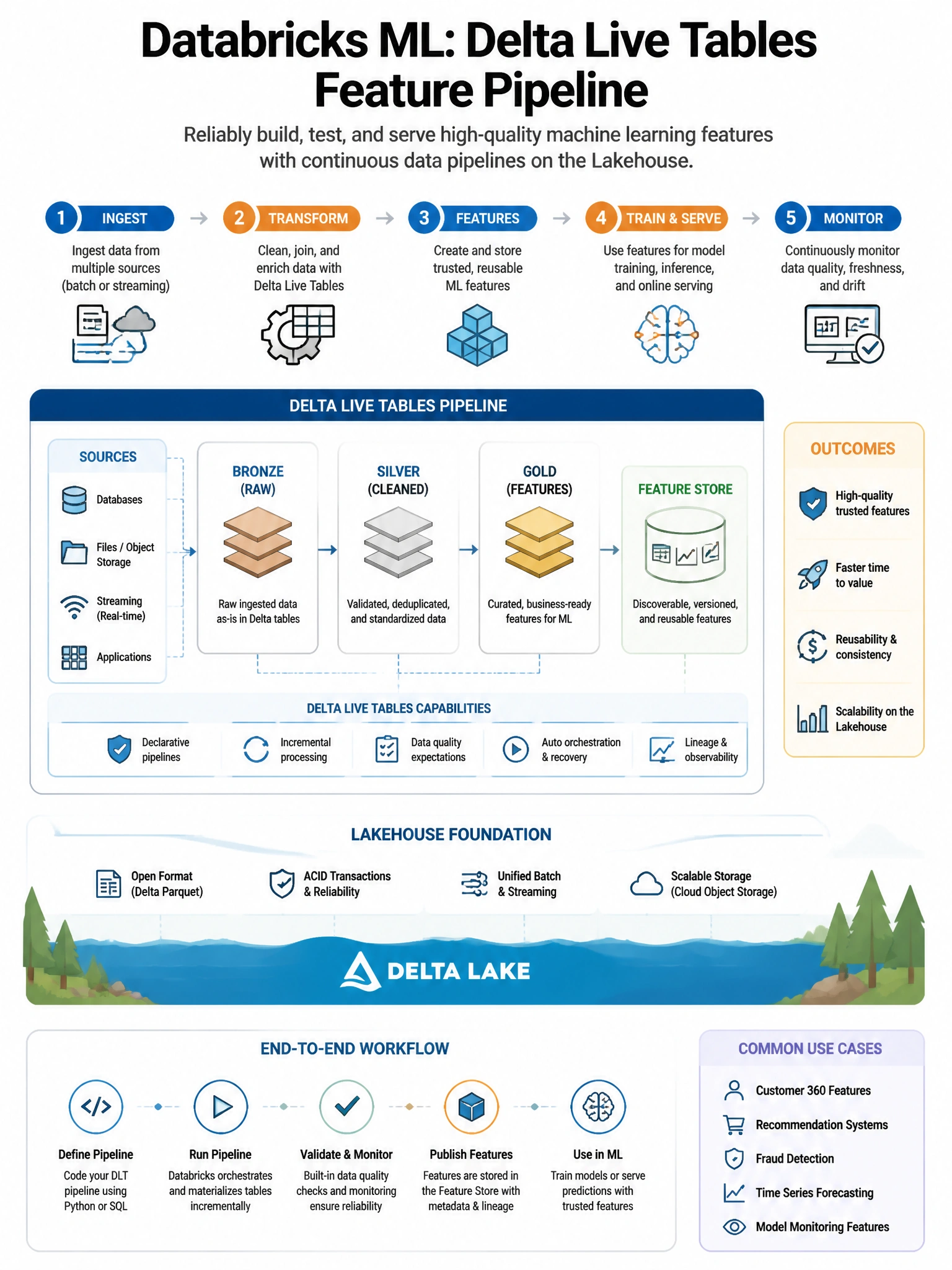 Educational infographic 1024x768 for Databricks ML: delta live tables feature pipeline. Clean lakehouse blue/orange diagram style, DBML q122.