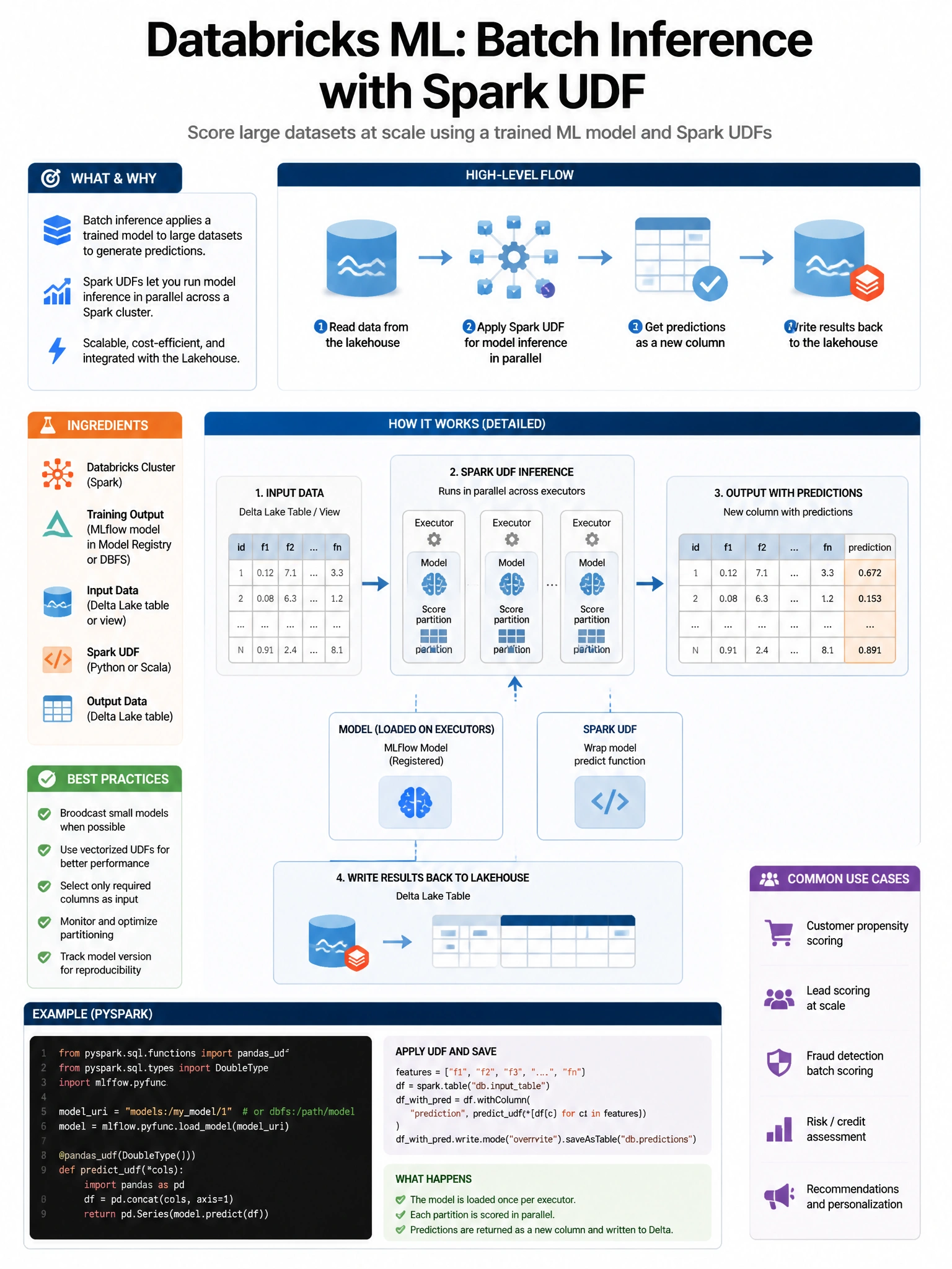 Educational infographic 1024x768 for Databricks ML: batch inference spark udf. Clean lakehouse blue/orange diagram style, DBML q129.