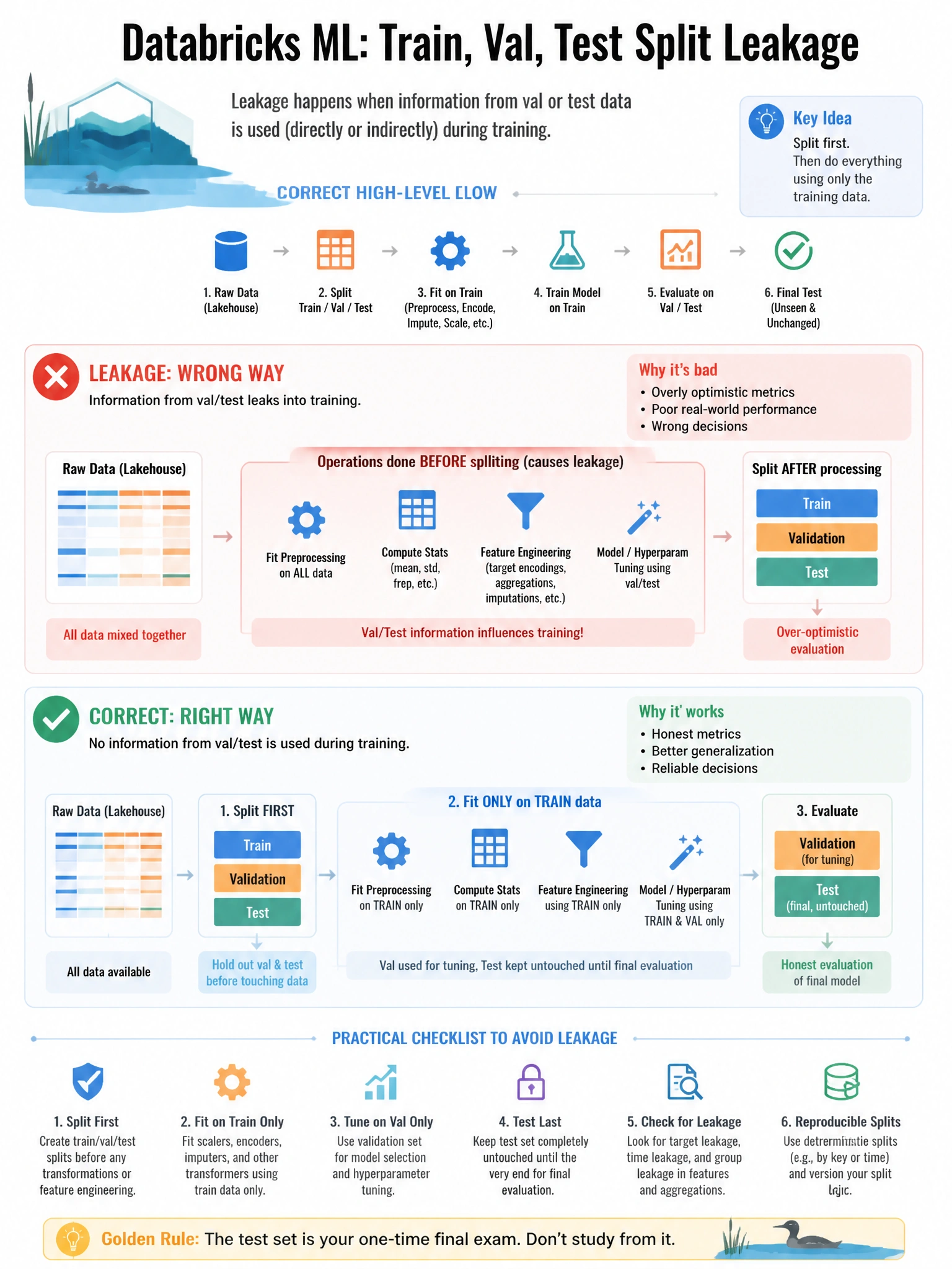Educational infographic 1024x768 for Databricks ML: train val test split leakage. Clean lakehouse blue/orange diagram style, DBML q130.