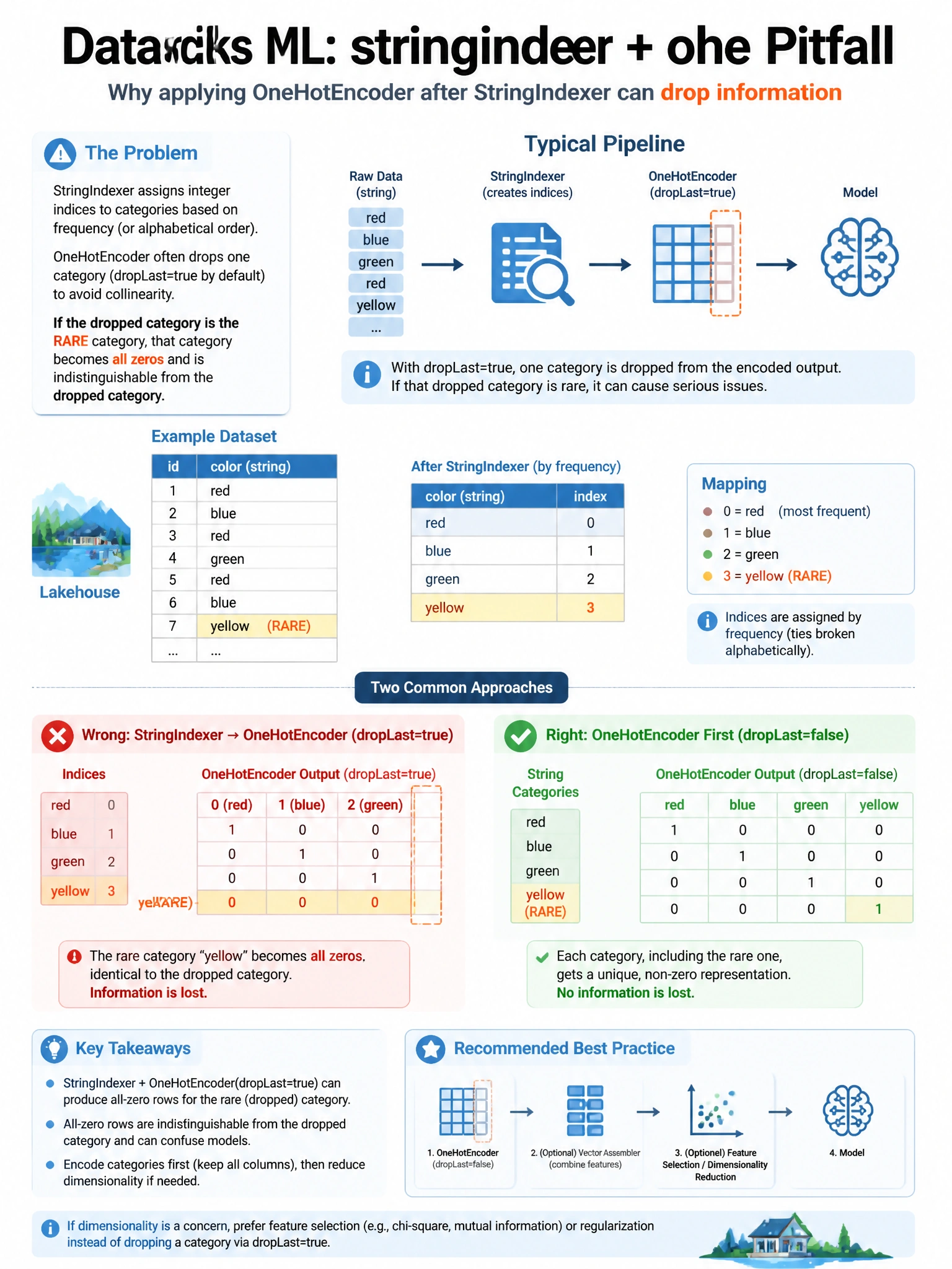 Educational infographic 1024x768 for Databricks ML: stringindexer ohe pitfall. Clean lakehouse blue/orange diagram style, DBML q132.