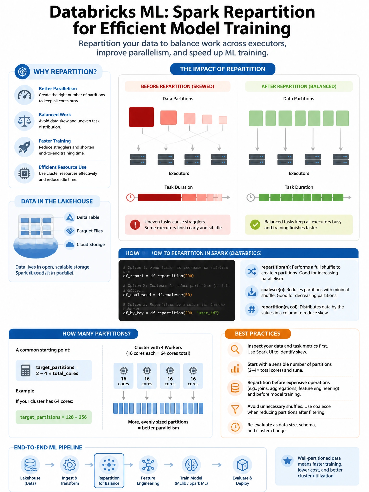 Educational infographic 1024x768 for Databricks ML: spark repartition training. Clean lakehouse blue/orange diagram style, DBML q134.