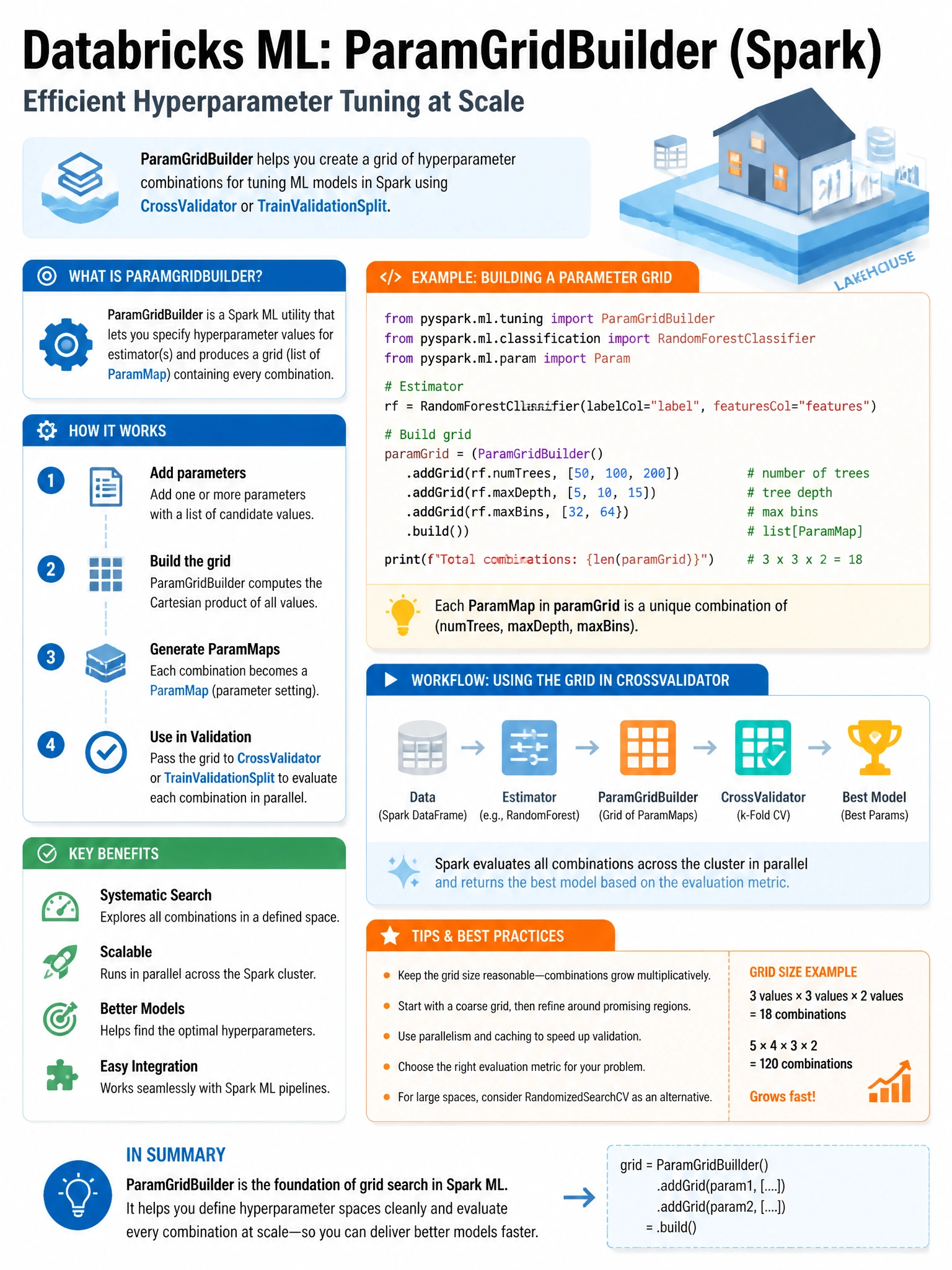 Educational infographic 1024x768 for Databricks ML: paramgridbuilder spark. Clean lakehouse blue/orange diagram style, DBML q138.