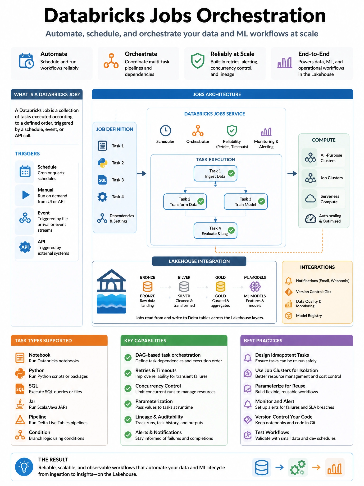 Educational infographic 1024x768 for Databricks ML: databricks jobs orchestration. Clean lakehouse blue/orange diagram style, DBML q141.