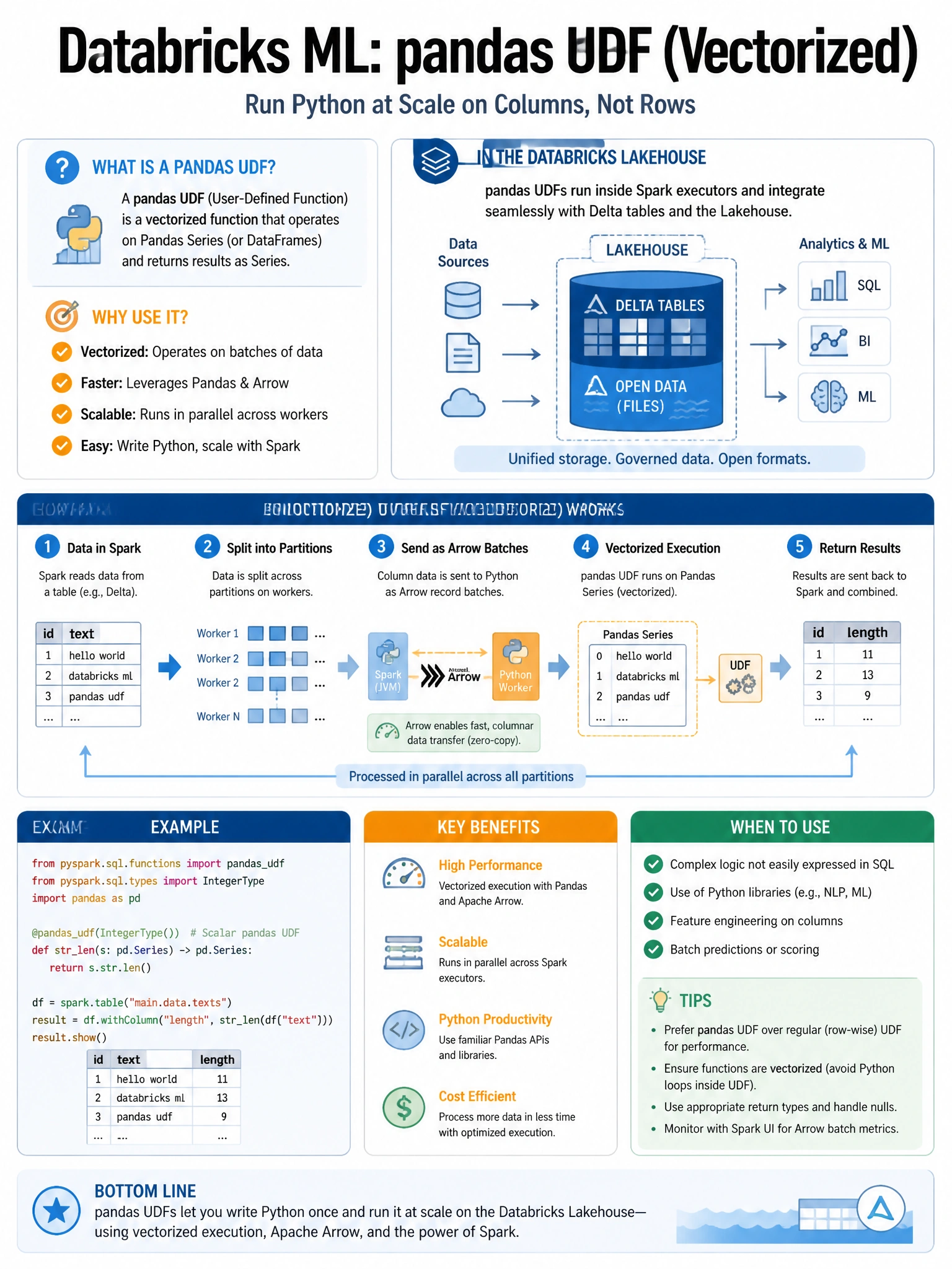 Educational infographic 1024x768 for Databricks ML: pandas udf vectorized. Clean lakehouse blue/orange diagram style, DBML q144.