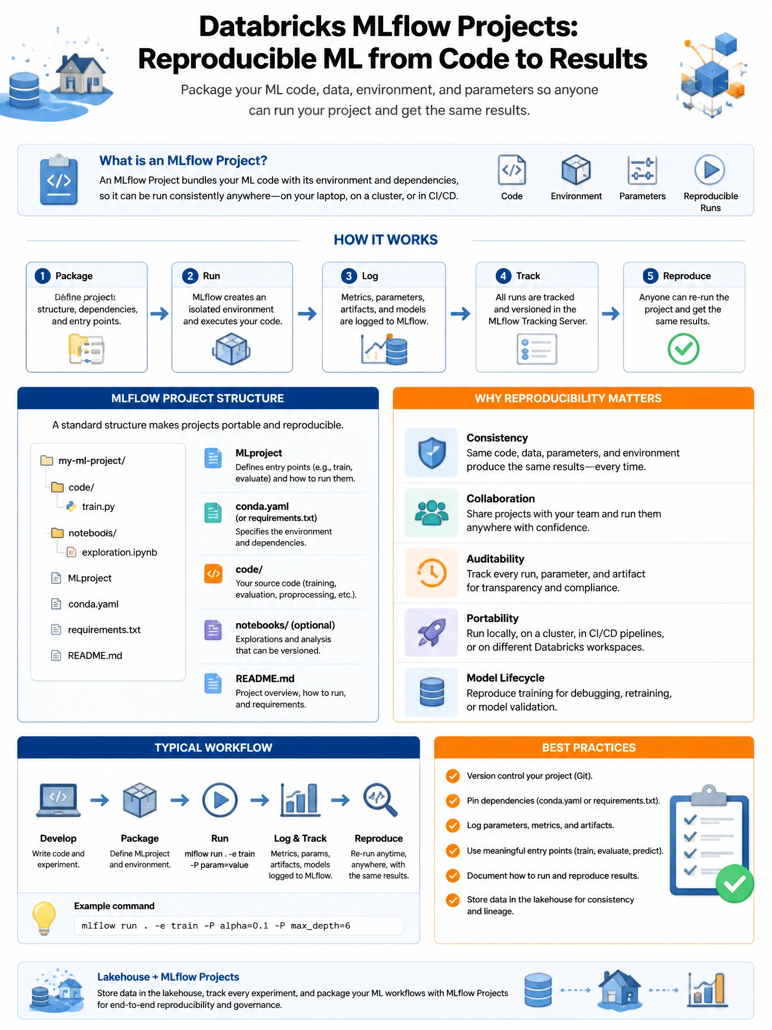 Educational infographic 1024x768 for Databricks ML: mlflow projects reproducibility. Clean lakehouse blue/orange diagram style, DBML q146.