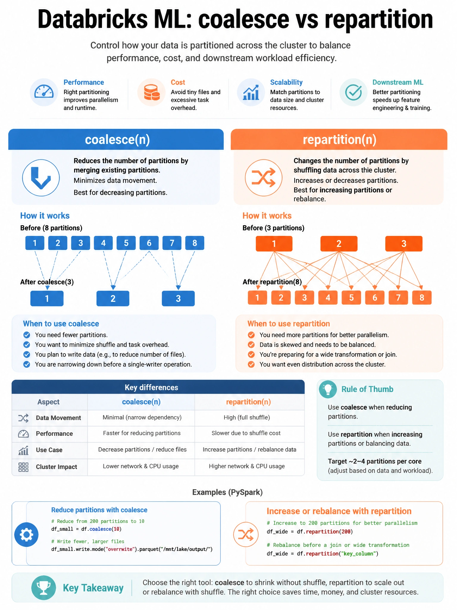Educational infographic 1024x768 for Databricks ML: coalesce vs repartition. Clean lakehouse blue/orange diagram style, DBML q149.