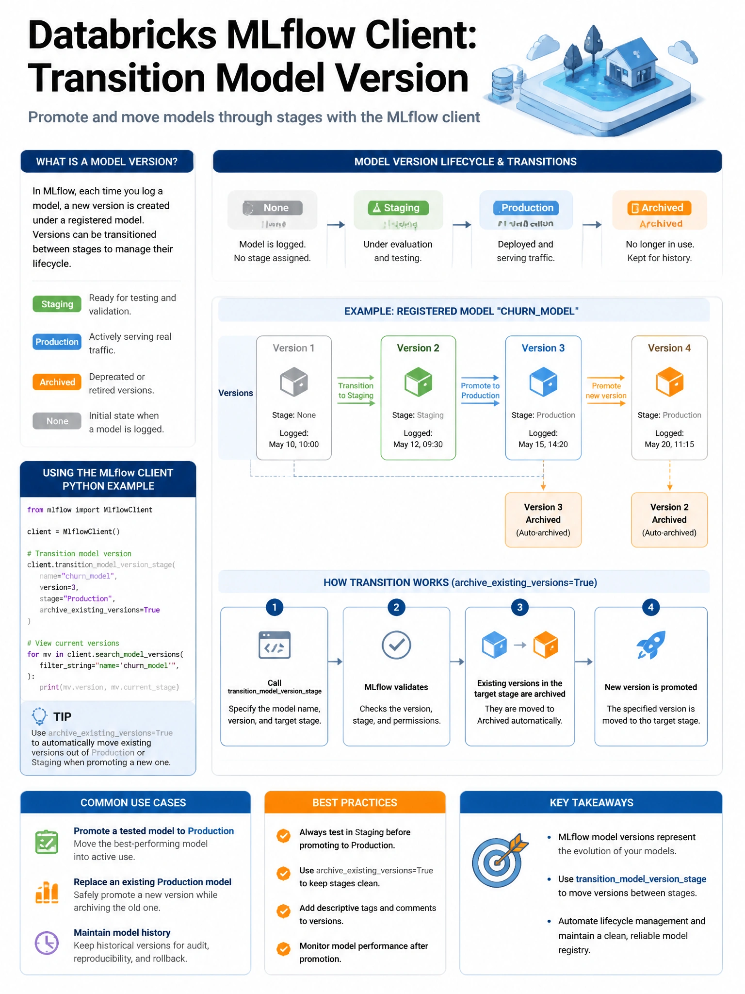 Educational infographic 1024x768 for Databricks ML: mlflow client transition model version. Clean lakehouse blue/orange diagram style, DBML q151.