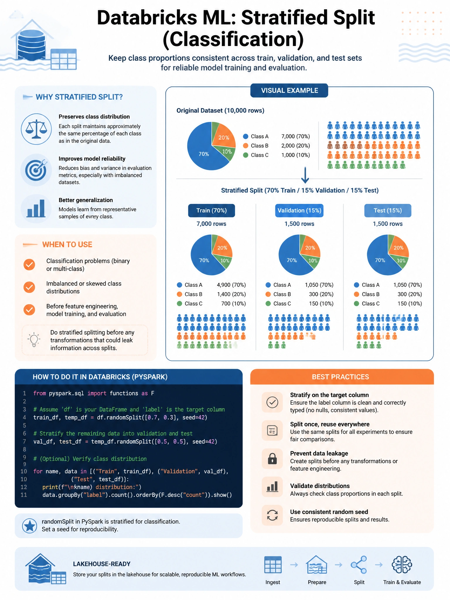 Educational infographic 1024x768 for Databricks ML: stratified split classification. Clean lakehouse blue/orange diagram style, DBML q158.