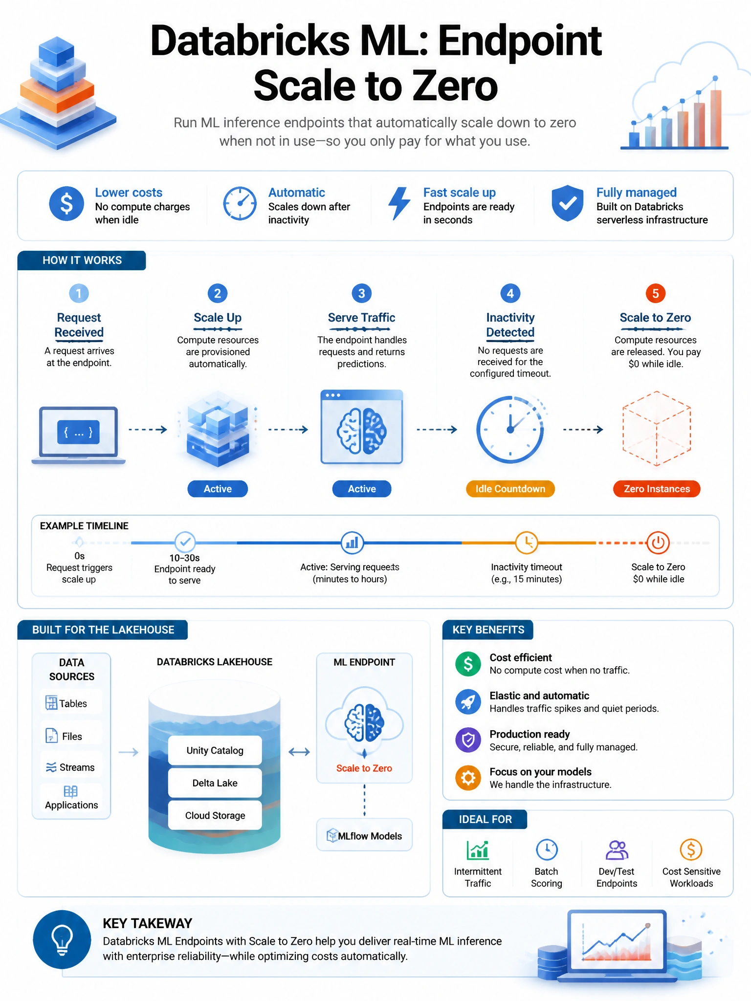 Educational infographic 1024x768 for Databricks ML: endpoint scale to zero. Clean lakehouse blue/orange diagram style, DBML q160.