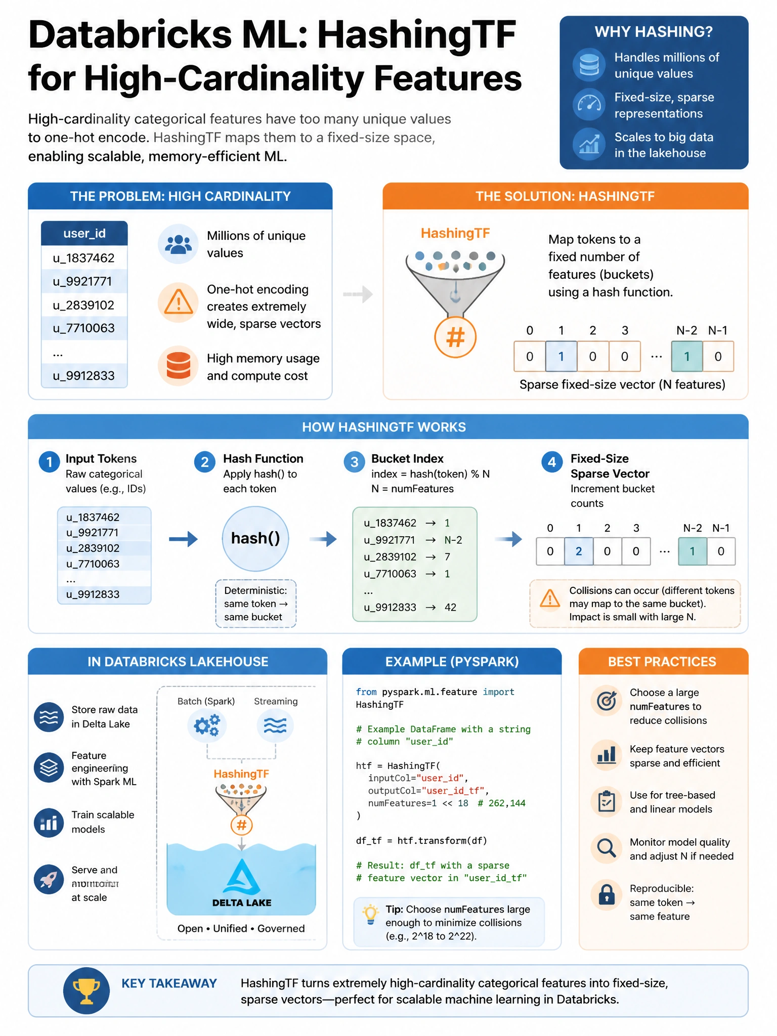 Educational infographic 1024x768 for Databricks ML: hashingtf high cardinality. Clean lakehouse blue/orange diagram style, DBML q162.