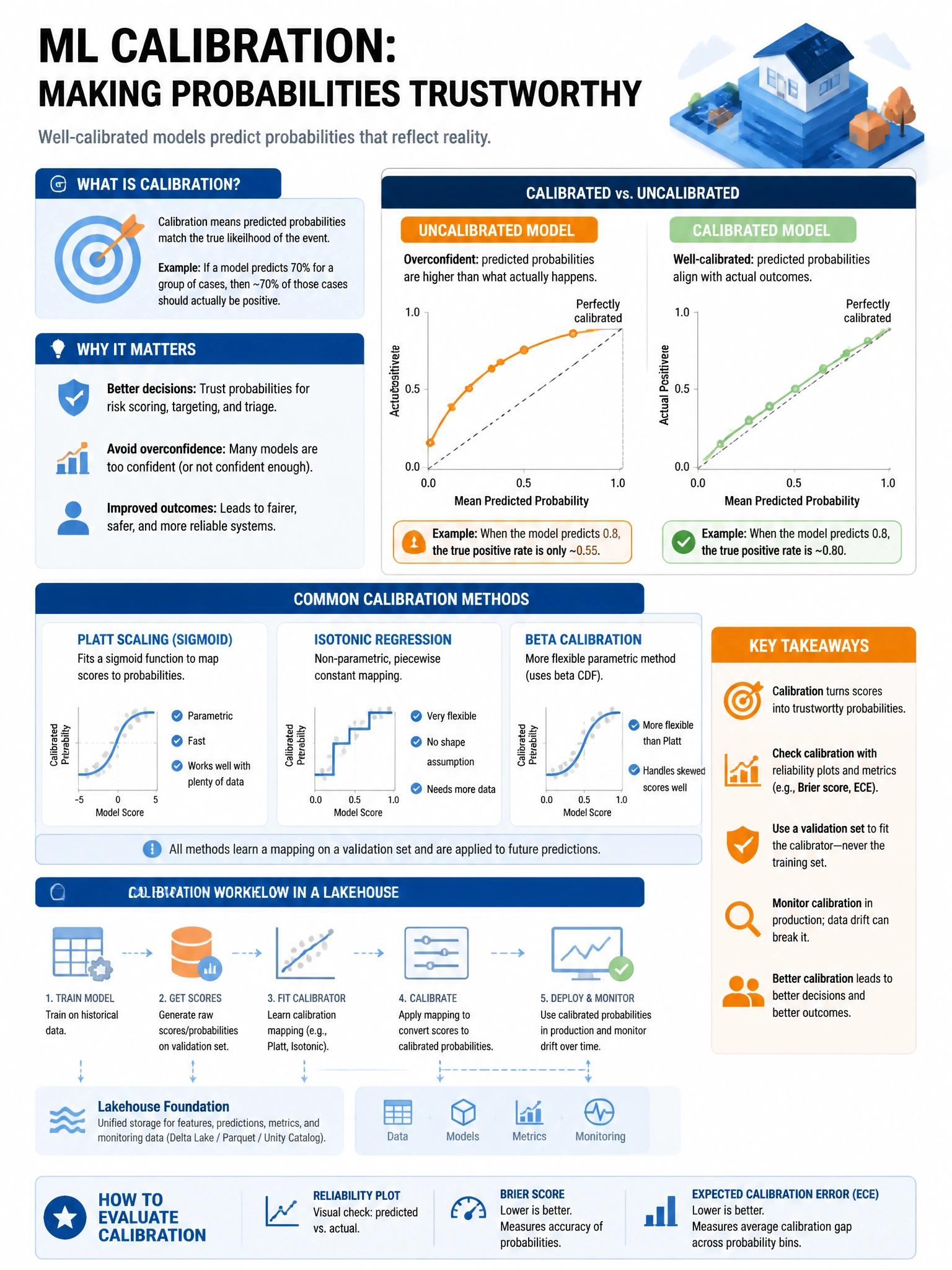 Educational infographic 1024x768 for Databricks ML: calibration probabilities. Clean lakehouse blue/orange diagram style, DBML q179.