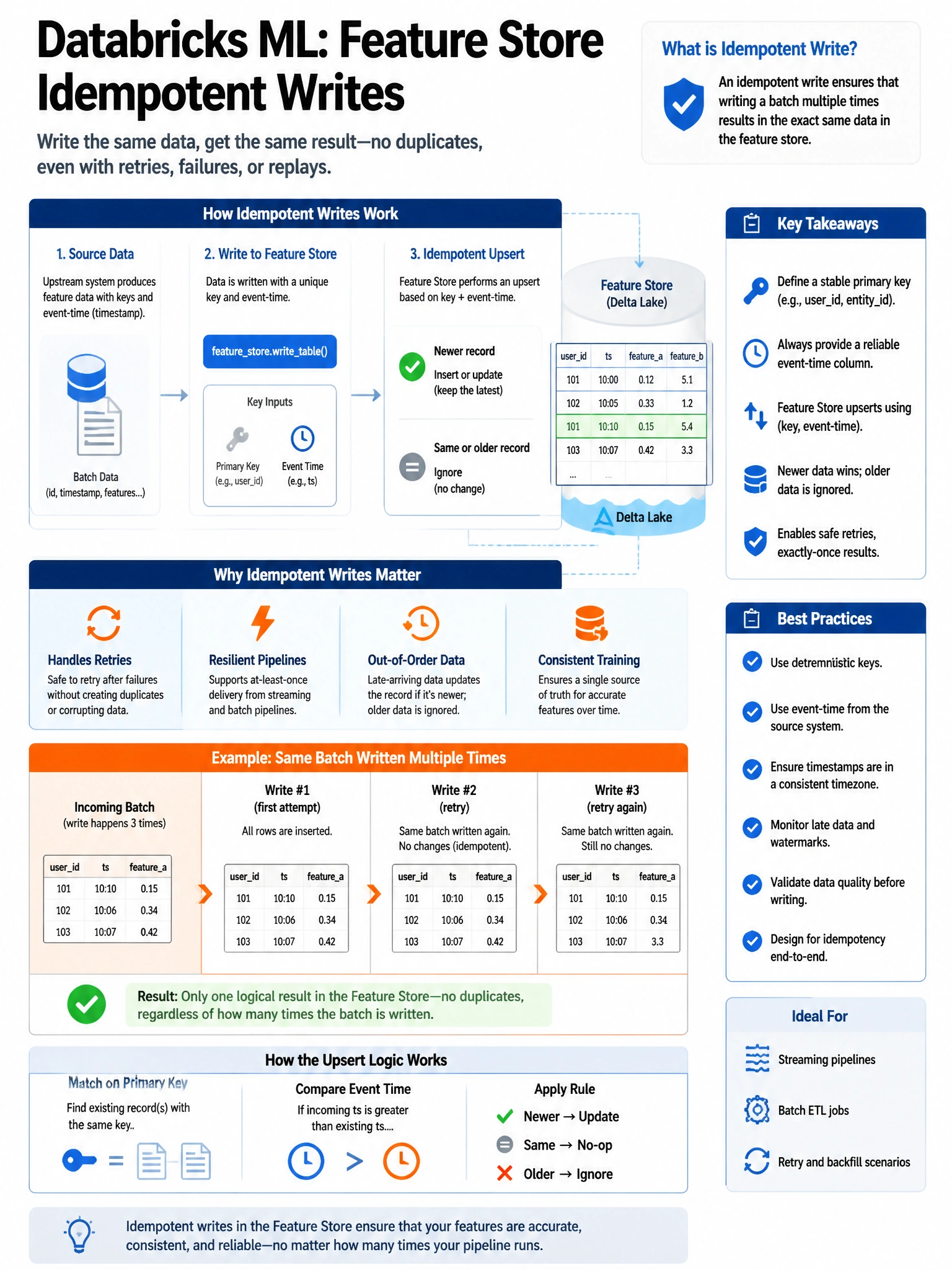 Educational infographic 1024x768 for Databricks ML: feature store idempotent writes. Clean lakehouse blue/orange diagram style, DBML q190.