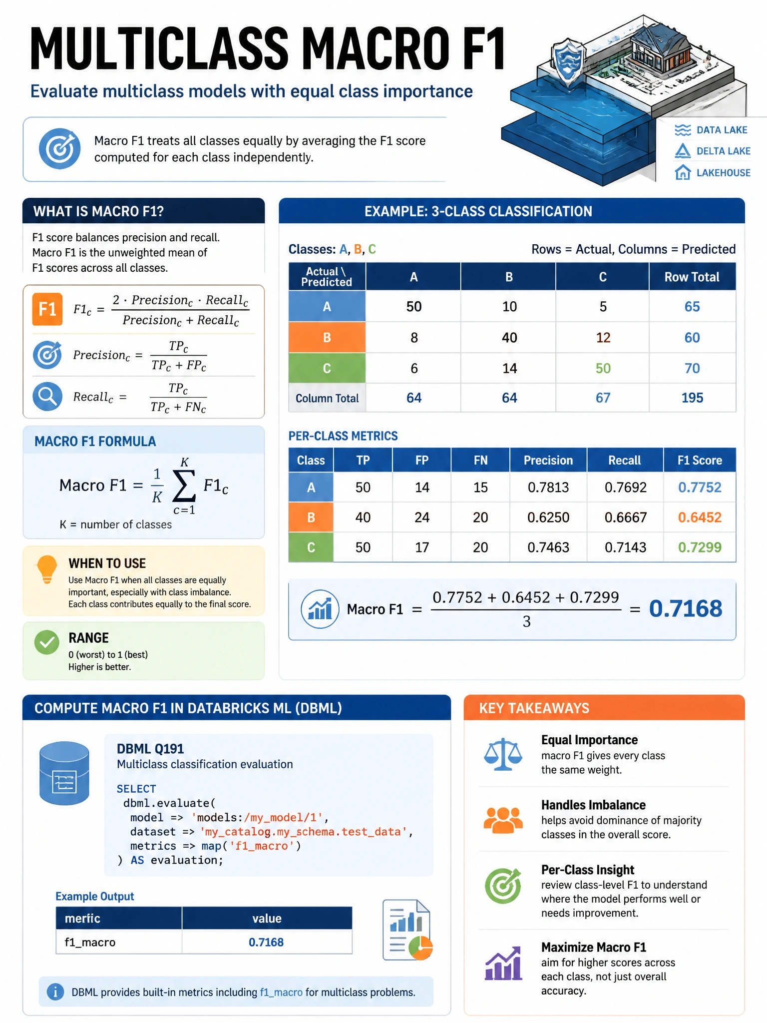 Educational infographic 1024x768 for Databricks ML: multiclass macro f1. Clean lakehouse blue/orange diagram style, DBML q191.