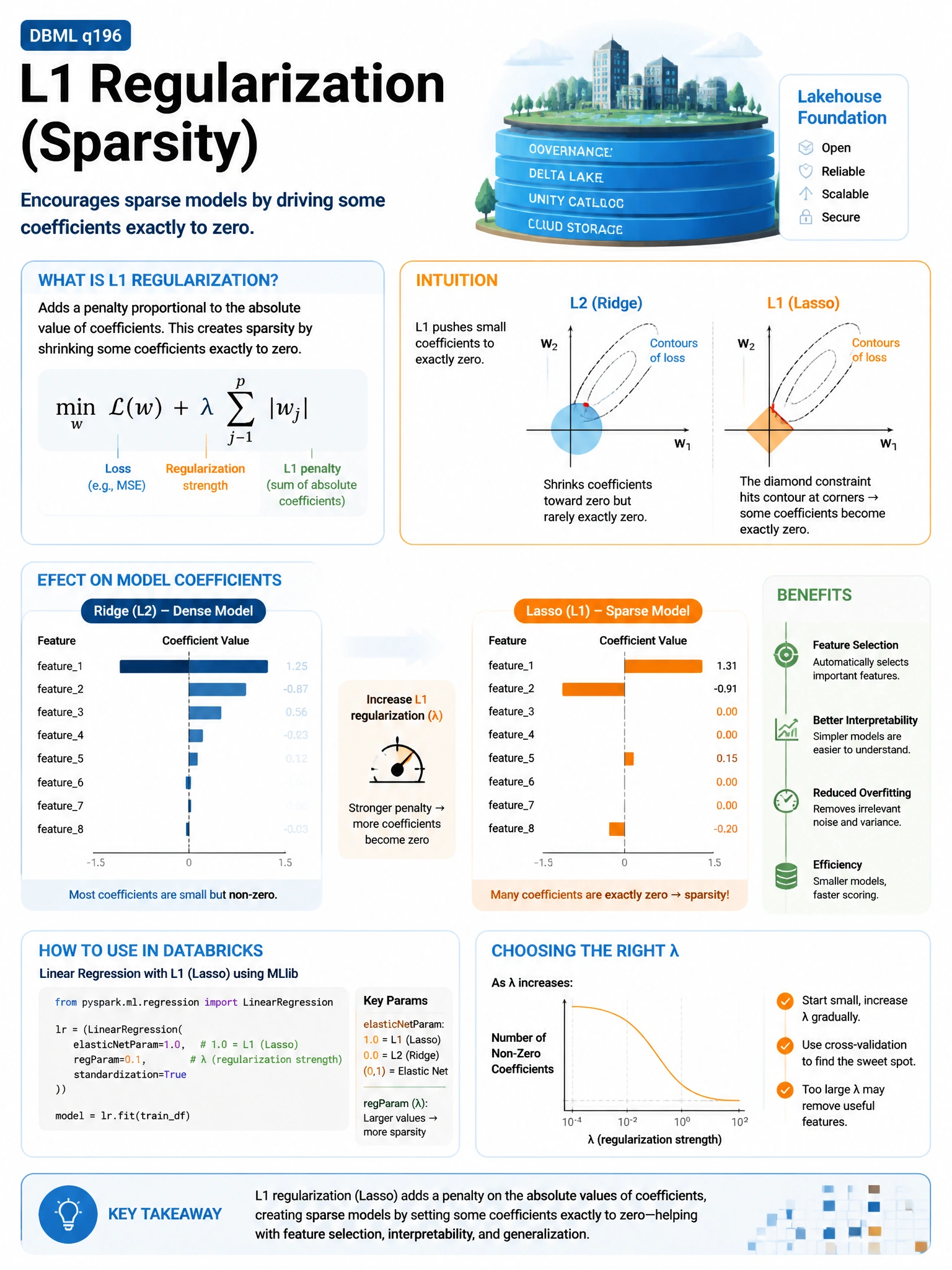 Educational infographic 1024x768 for Databricks ML: regularization l1 sparsity. Clean lakehouse blue/orange diagram style, DBML q196.