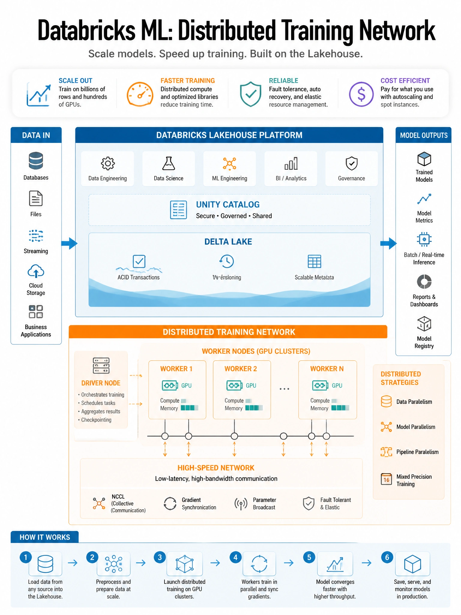 Educational infographic 1024x768 for Databricks ML: distributed training network. Clean lakehouse blue/orange diagram style, DBML q197.