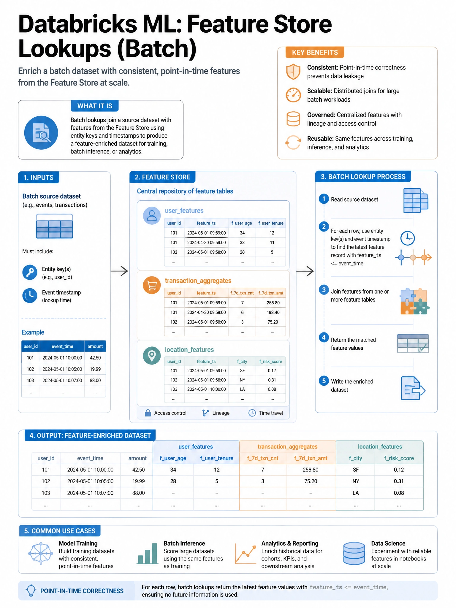 Educational infographic 1024x768 for Databricks ML: feature store lookups batch. Clean lakehouse blue/orange diagram style, DBML q202.