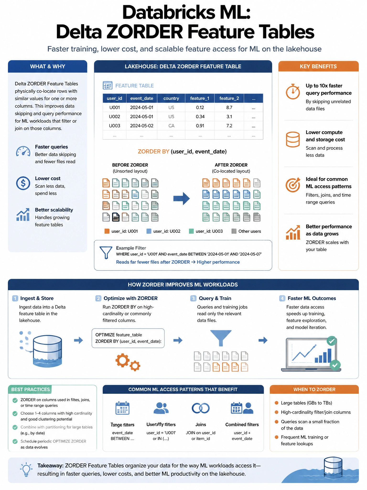 Educational infographic 1024x768 for Databricks ML: delta zorder feature tables. Clean lakehouse blue/orange diagram style, DBML q210.