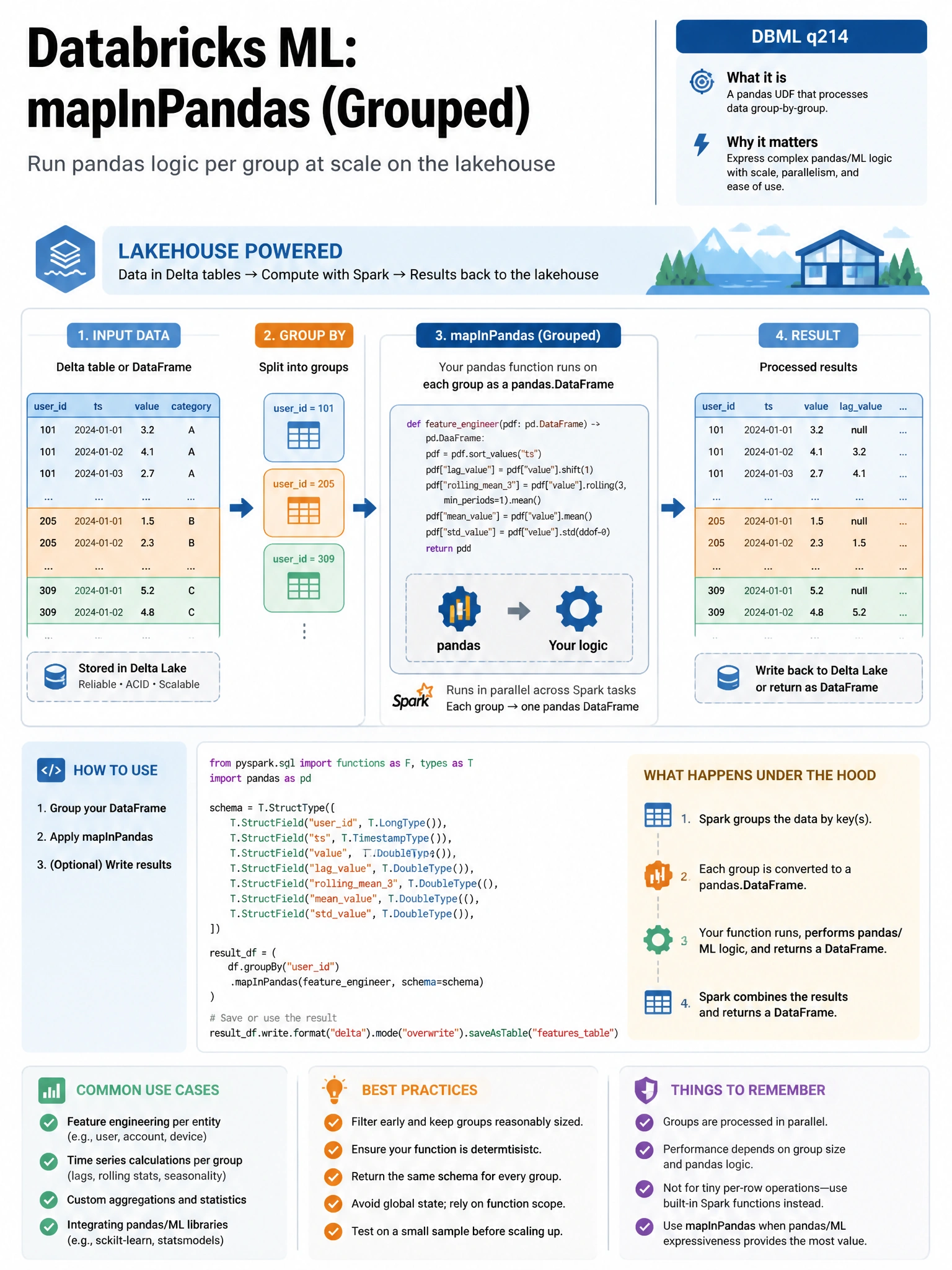 Educational infographic 1024x768 for Databricks ML: map in pandas grouped. Clean lakehouse blue/orange diagram style, DBML q214.
