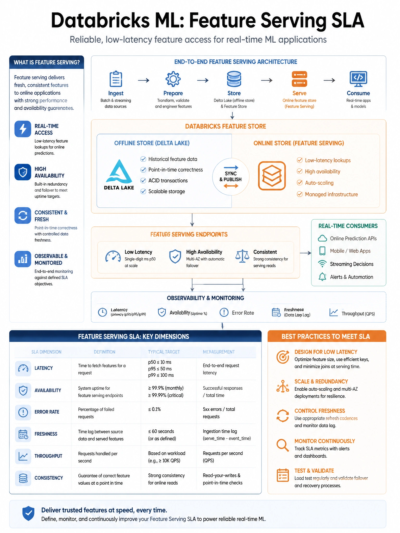 Educational infographic 1024x768 for Databricks ML: feature serving sla. Clean lakehouse blue/orange diagram style, DBML q220.