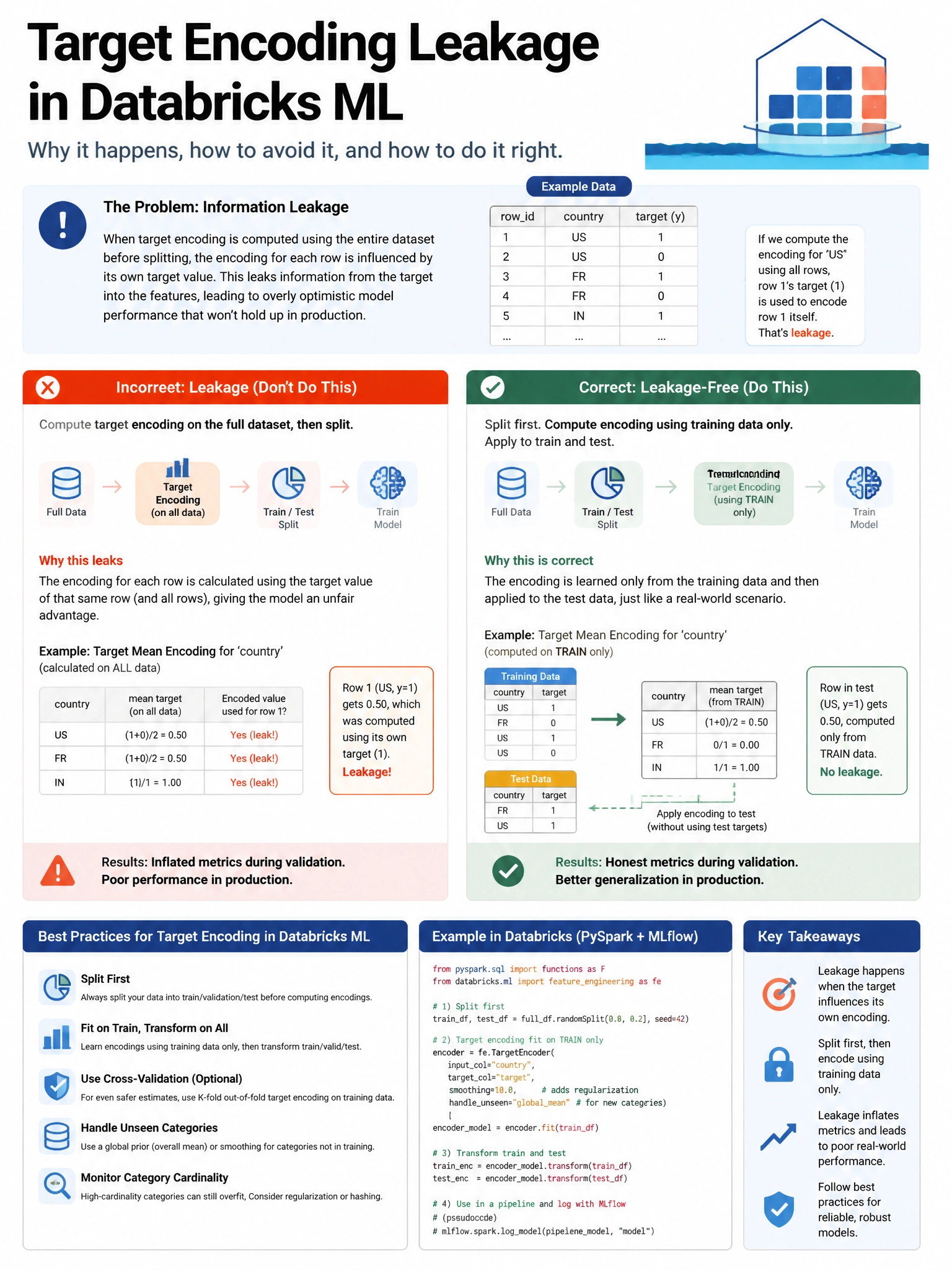 Educational infographic 1024x768 for Databricks ML: target encoding leakage. Clean lakehouse blue/orange diagram style, DBML q222.