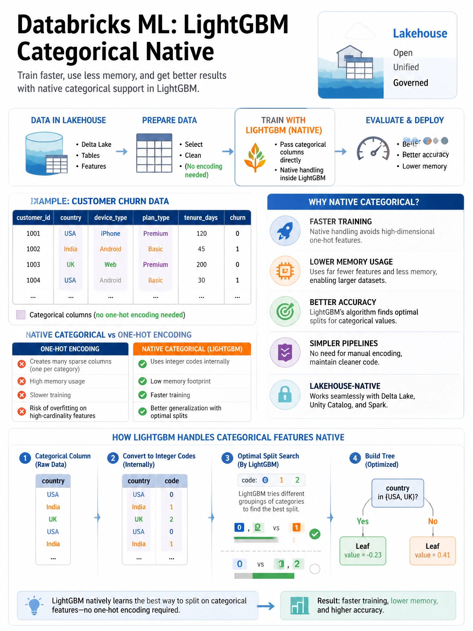 Educational infographic 1024x768 for Databricks ML: lightgbm categorical native. Clean lakehouse blue/orange diagram style, DBML q228.