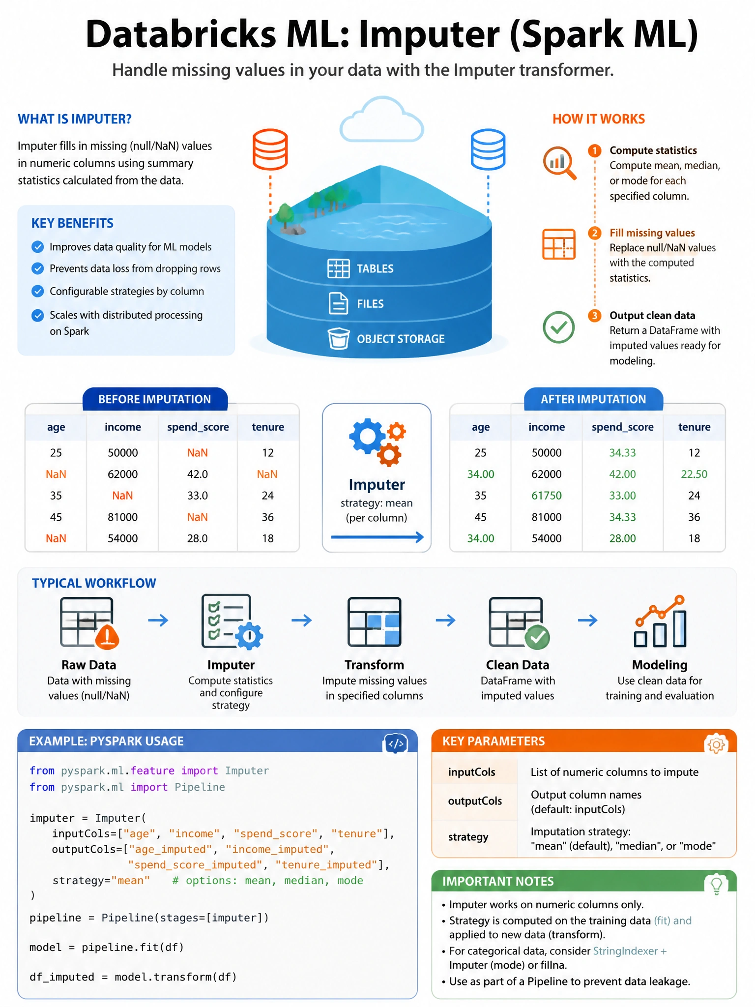 Educational infographic 1024x768 for Databricks ML: imputer spark ml. Clean lakehouse blue/orange diagram style, DBML q232.