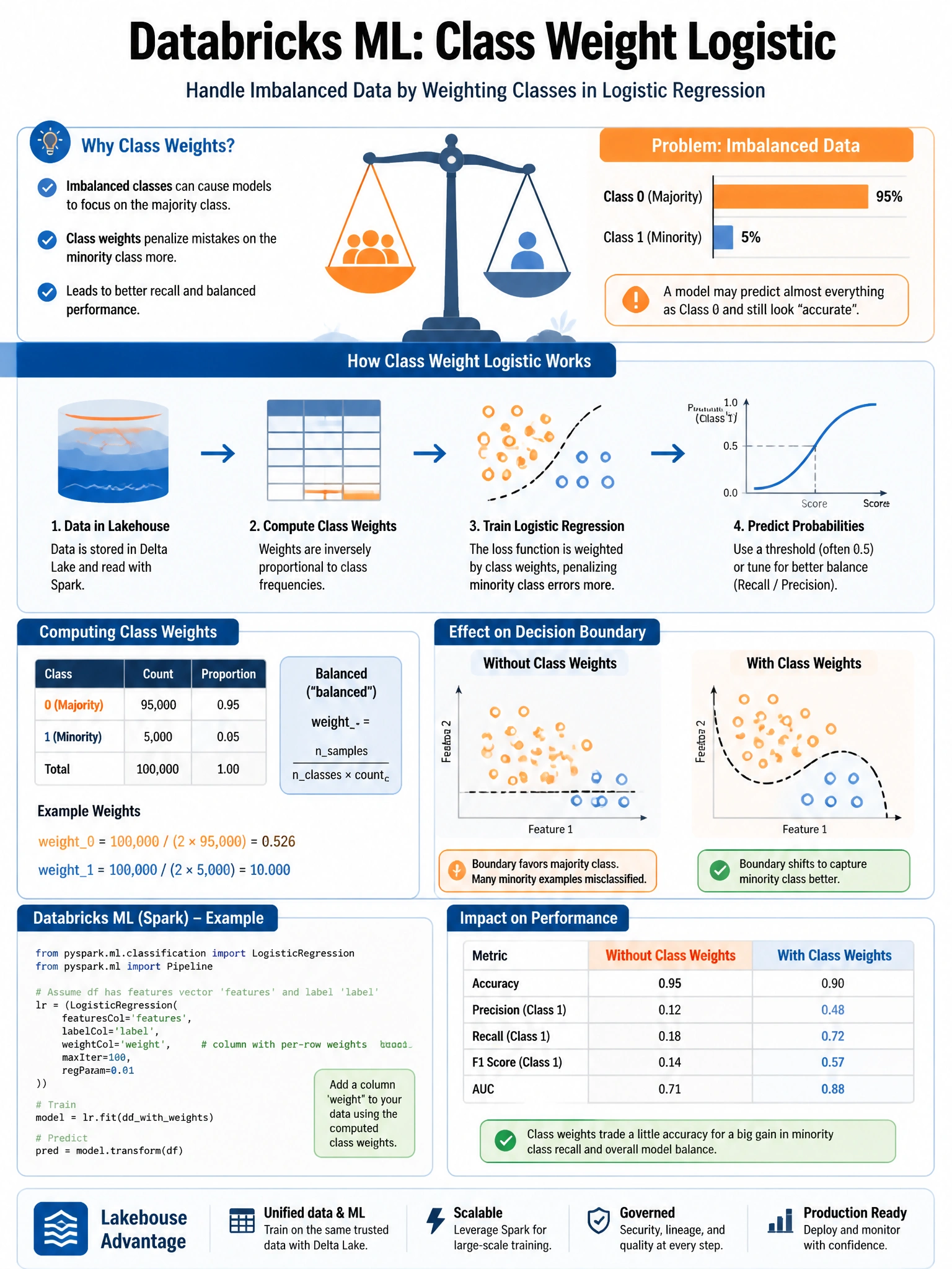 Educational infographic 1024x768 for Databricks ML: class weight logistic. Clean lakehouse blue/orange diagram style, DBML q233.