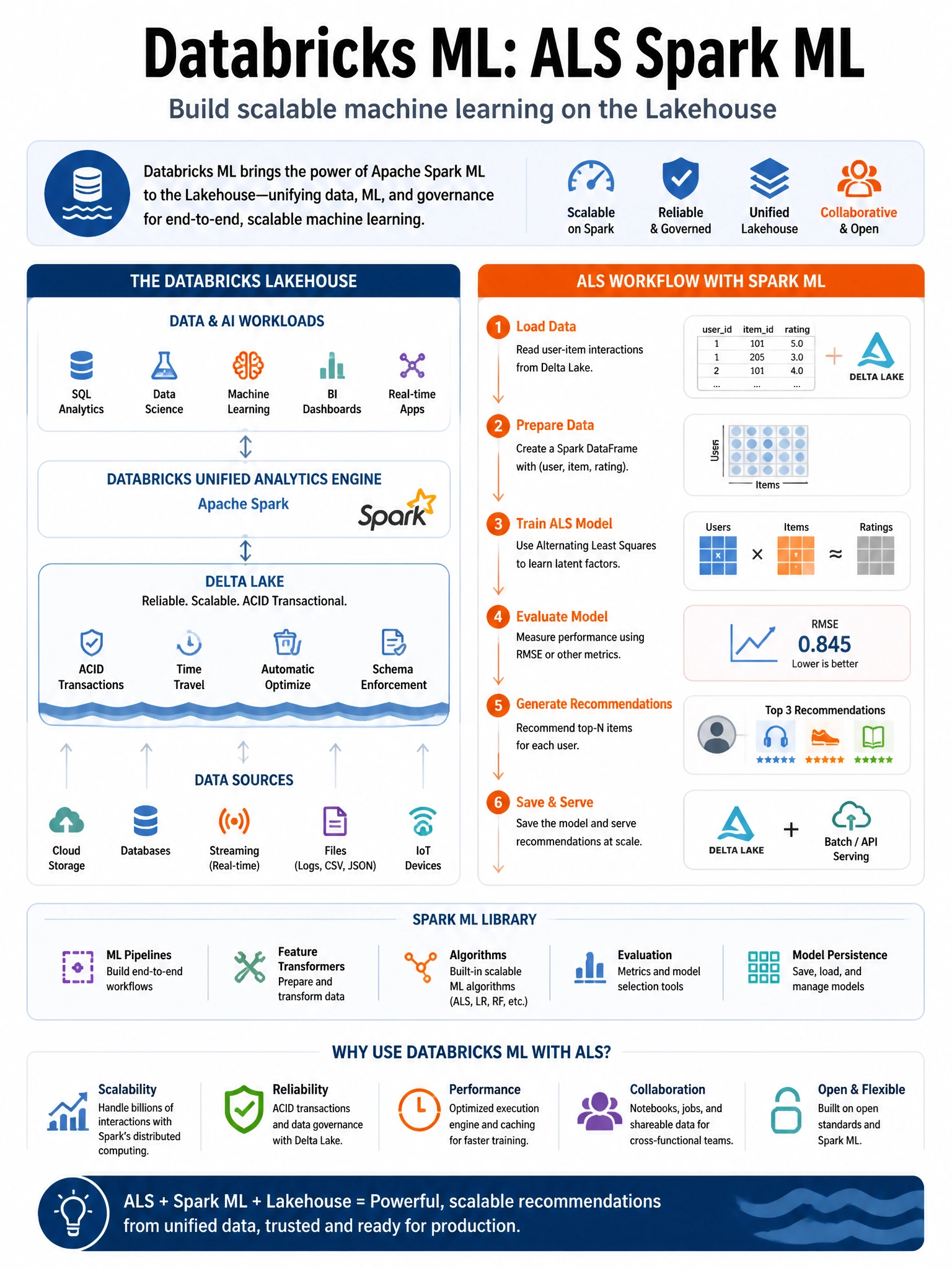Educational infographic 1024x768 for Databricks ML: als spark ml. Clean lakehouse blue/orange diagram style, DBML q255.