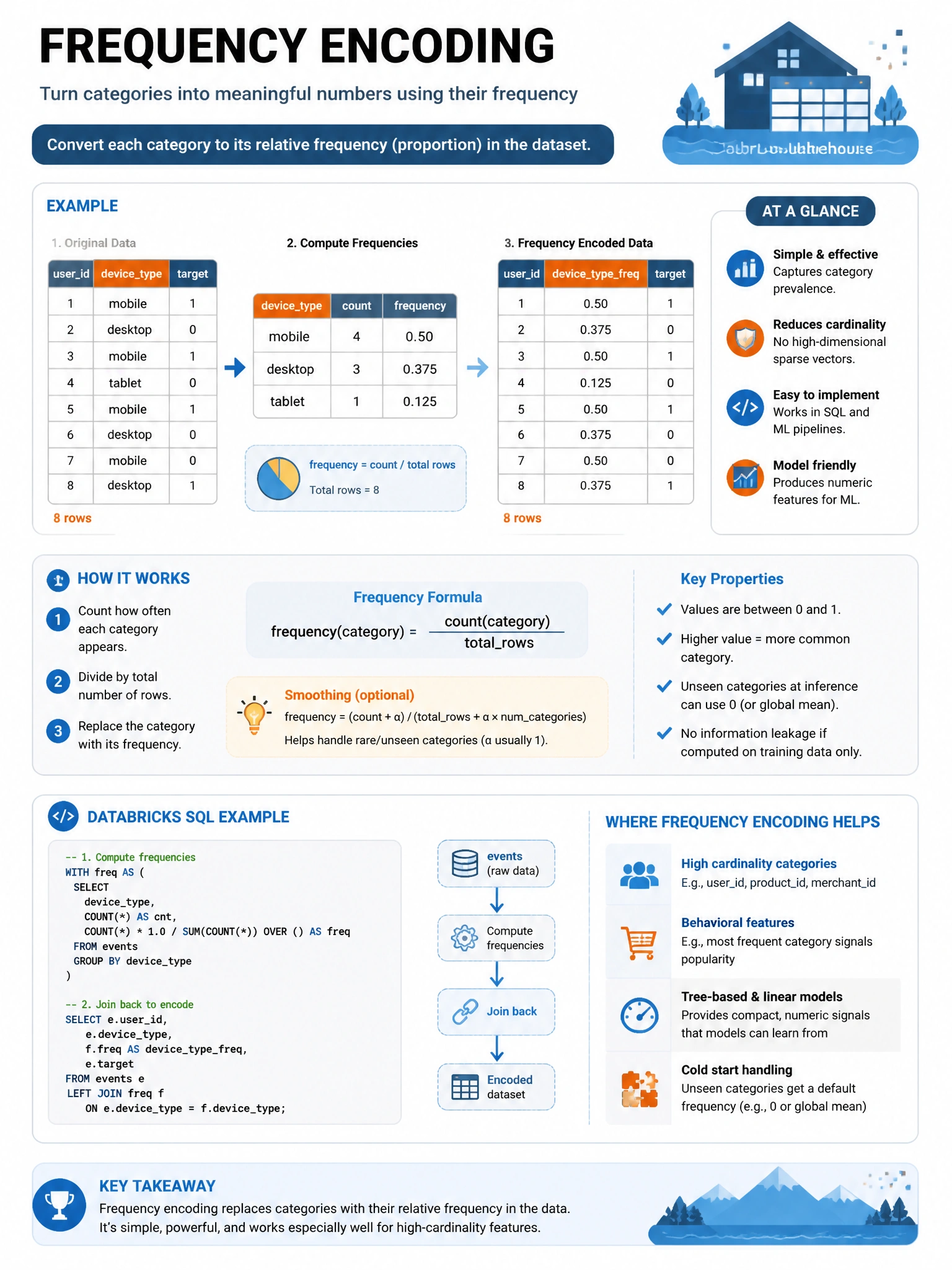 Educational infographic 1024x768 for Databricks ML: frequency encoding. Clean lakehouse blue/orange diagram style, DBML q258.