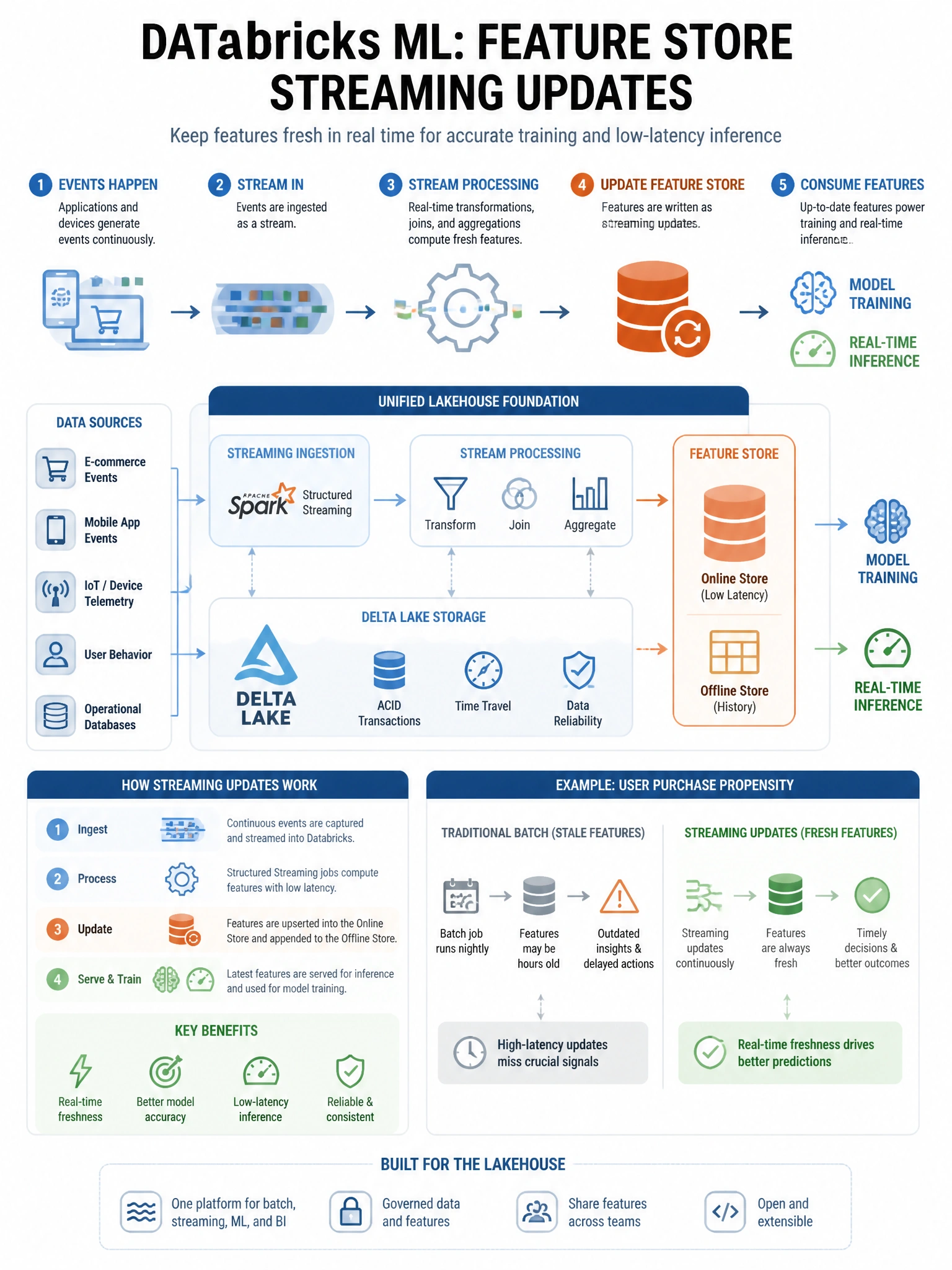 Educational infographic 1024x768 for Databricks ML: feature store streaming updates. Clean lakehouse blue/orange diagram style, DBML q263.