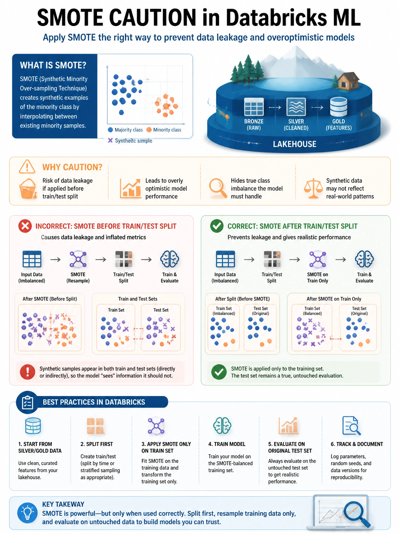 Educational infographic 1024x768 for Databricks ML: smote caution. Clean lakehouse blue/orange diagram style, DBML q264.