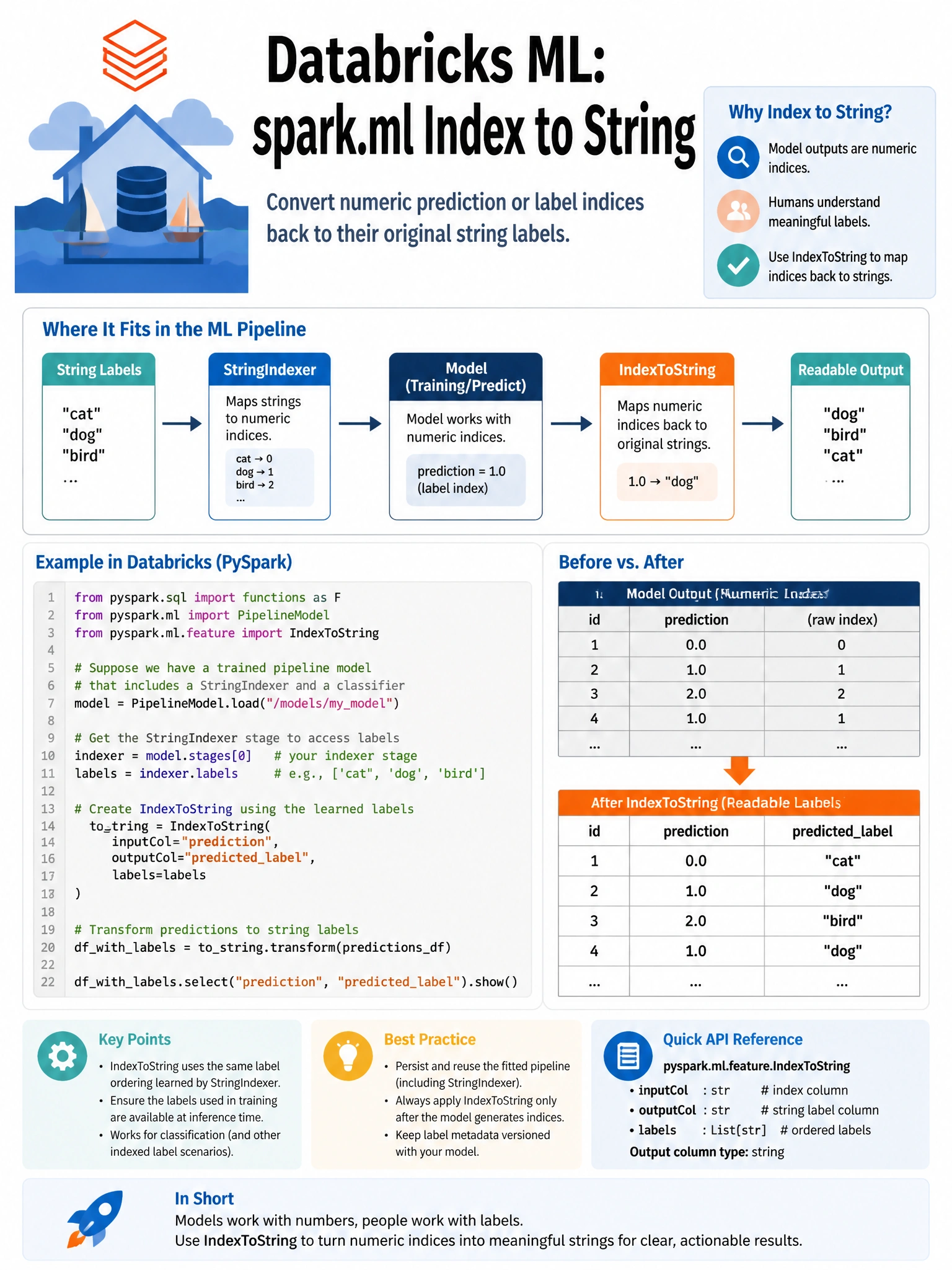 Educational infographic 1024x768 for Databricks ML: spark ml index to string. Clean lakehouse blue/orange diagram style, DBML q265.