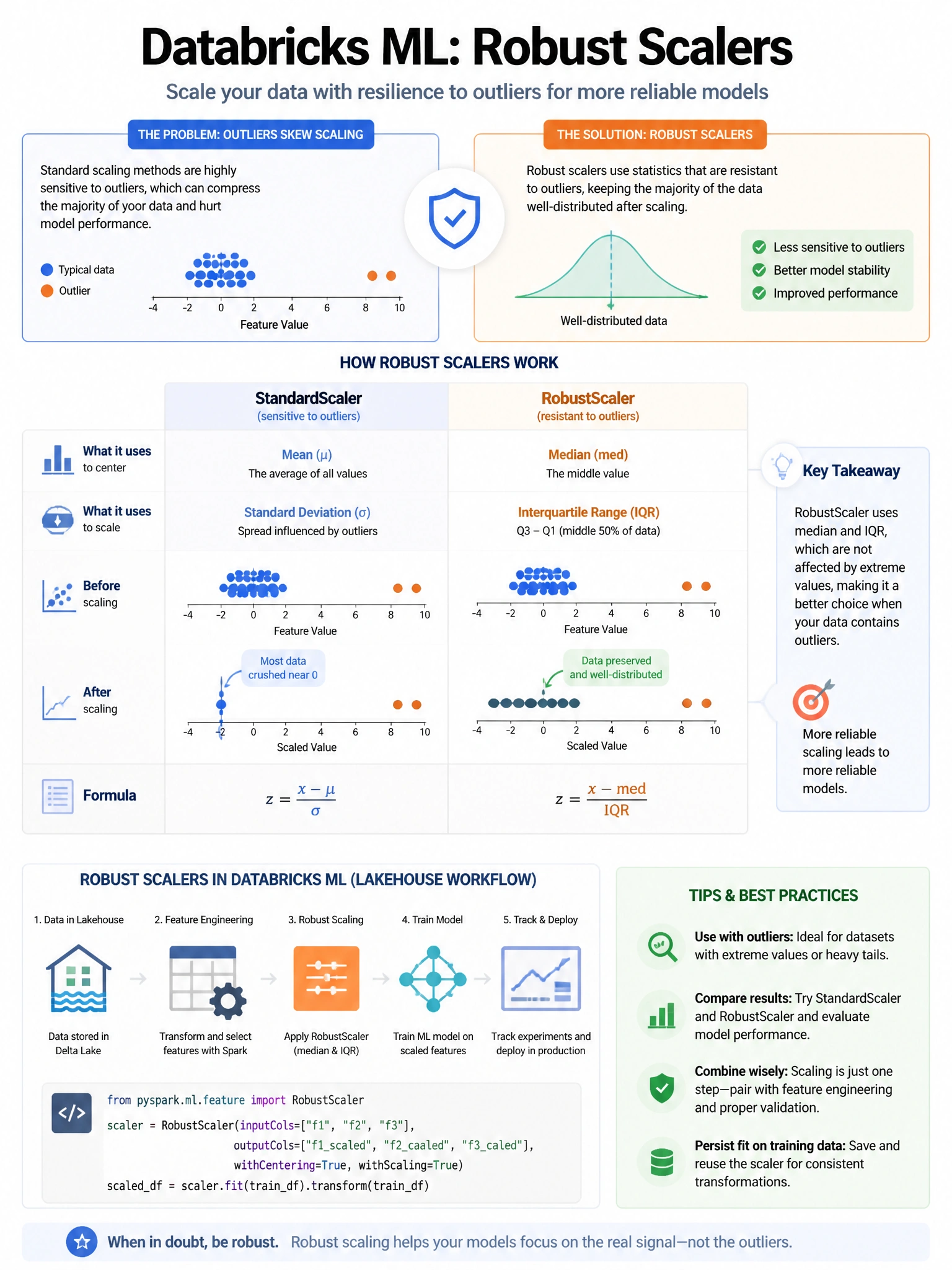 Educational infographic 1024x768 for Databricks ML: robust scalers. Clean lakehouse blue/orange diagram style, DBML q273.