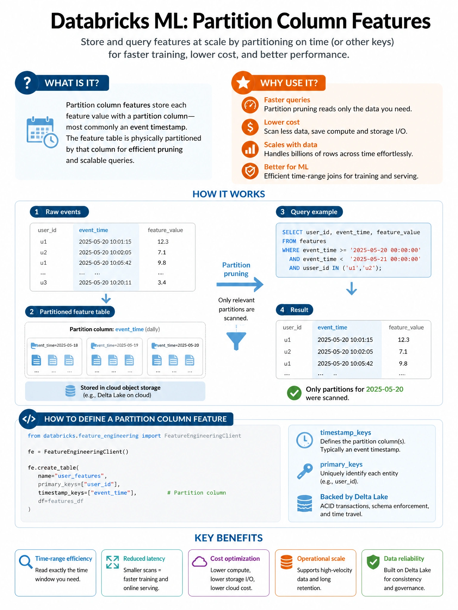 Educational infographic 1024x768 for Databricks ML: partition column features. Clean lakehouse blue/orange diagram style, DBML q275.