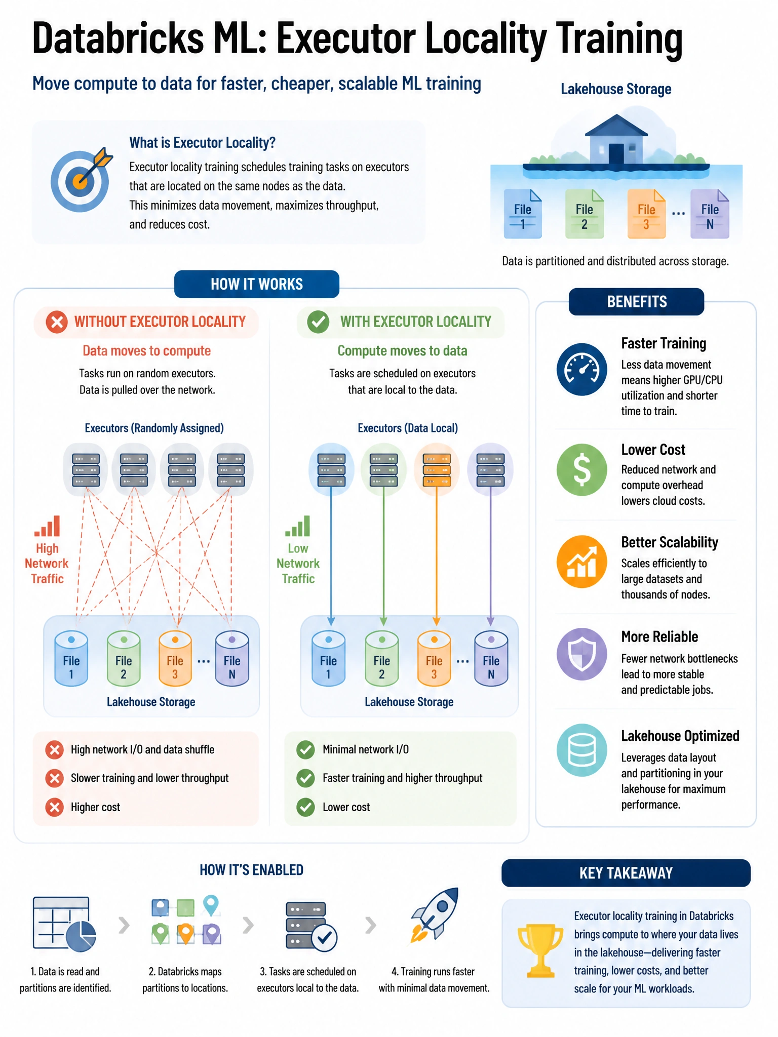 Educational infographic 1024x768 for Databricks ML: executor locality training. Clean lakehouse blue/orange diagram style, DBML q280.