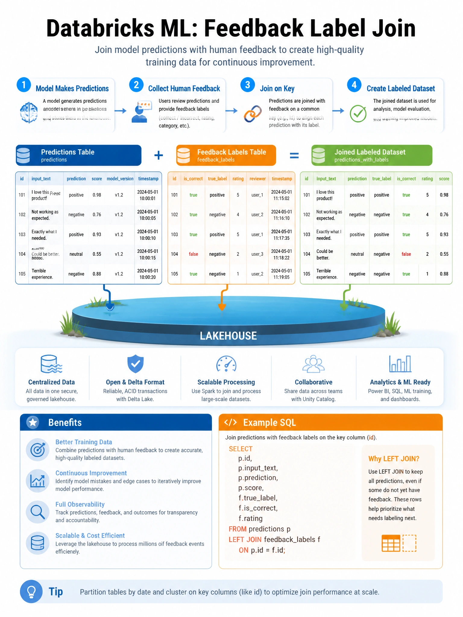 Educational infographic 1024x768 for Databricks ML: feedback label join. Clean lakehouse blue/orange diagram style, DBML q281.