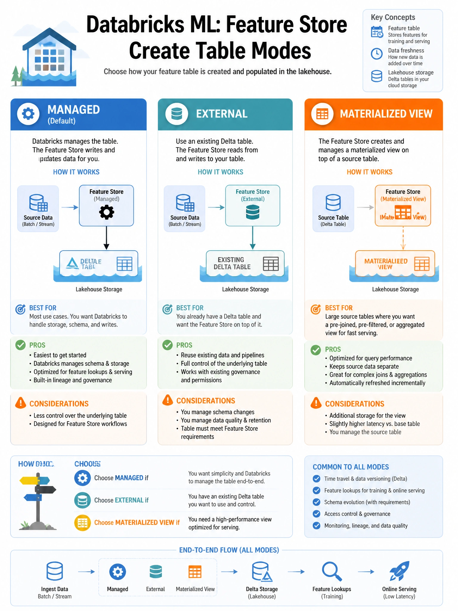 Educational infographic 1024x768 for Databricks ML: feature store create table modes. Clean lakehouse blue/orange diagram style, DBML q286.