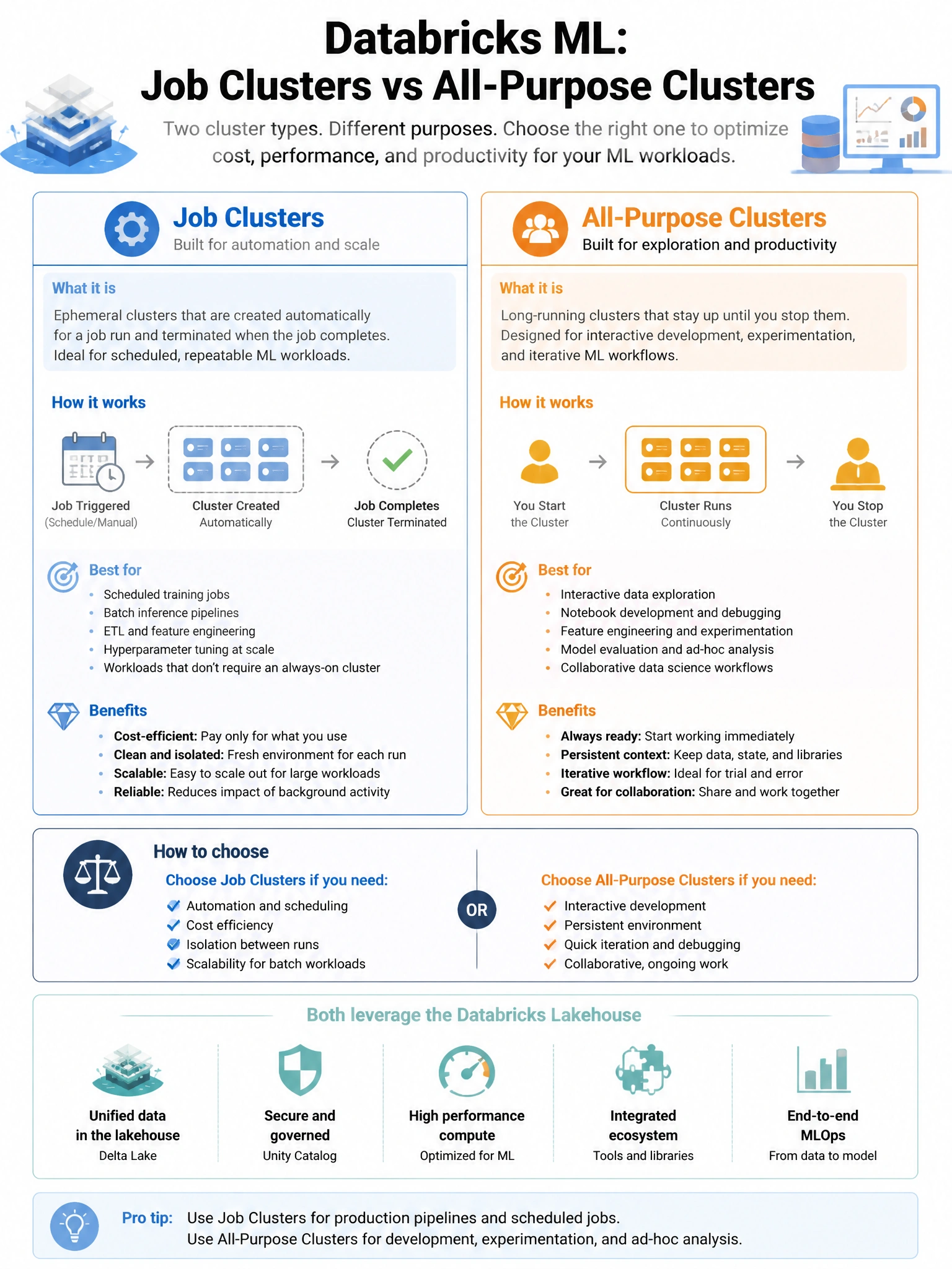 Educational infographic 1024x768 for Databricks ML: job clusters vs all purpose. Clean lakehouse blue/orange diagram style, DBML q288.